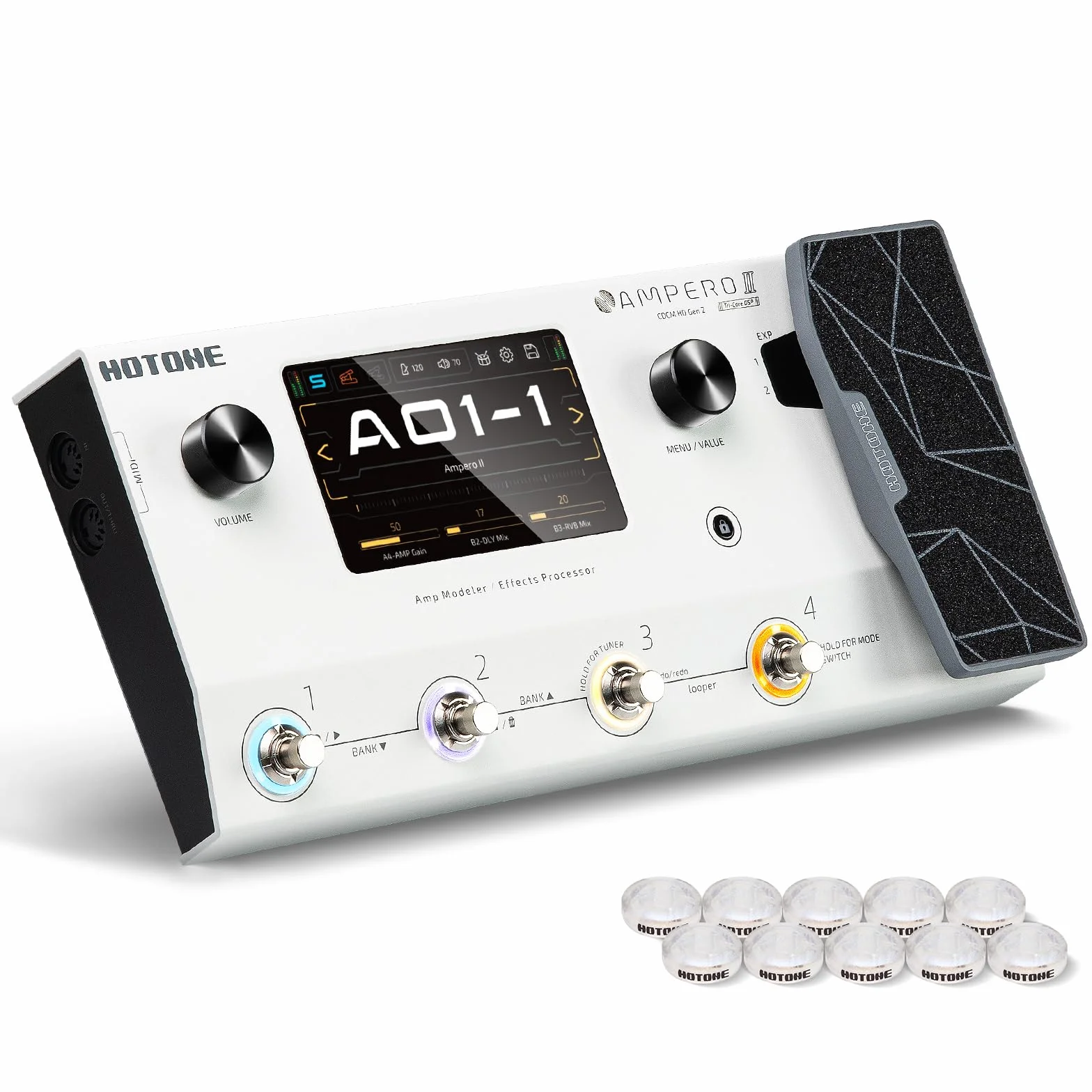HOTONE Multi-Effects Podwójny łańcuch efektów Kabiny IR Kabiny modelowanie gitary basowej z pedałem ekspresji Pętla FX I/O MIDI Interfejs audio USB OTG Stereo Ampero II