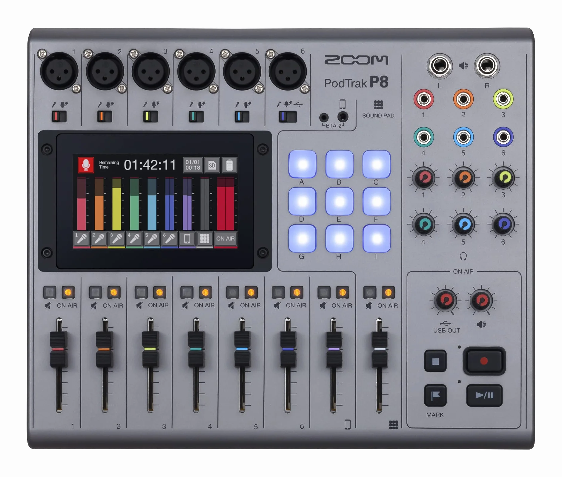 Rejestrator podcastów ZOOM PodTrak P8, 13-ścieżkowe studio mikserskie, 6 wejść mikrofonowych XLR z zasilaniem phantom, interfejs audio USB do profesjonalnych nagrań podcastów, kolorowy ekran dotykowy