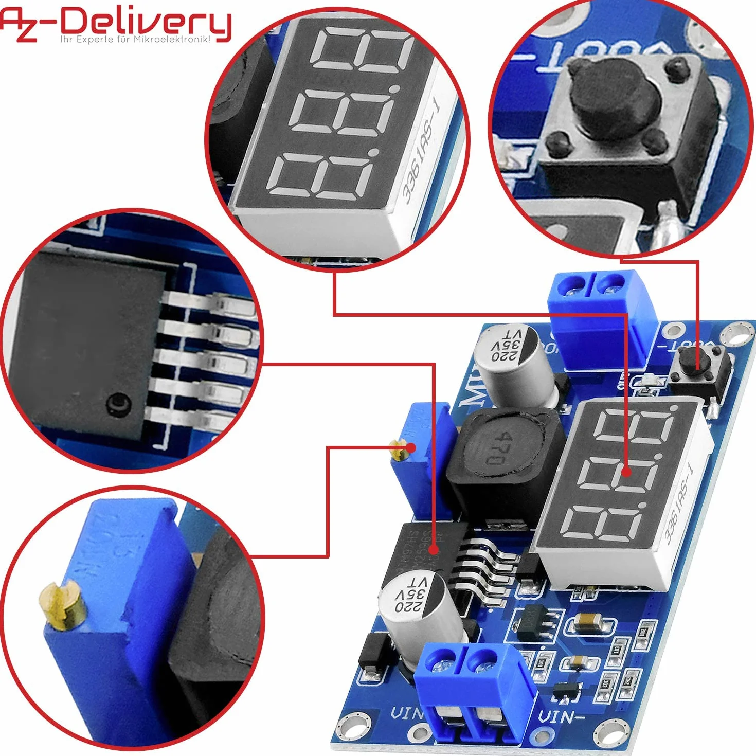 AZDelivery LM2596S step-down DC-DC buck converter moduł dla 4-40V do 3,3-24V z 3-cyfrowym wyświetlaczem cyfrowym i E-book w zestawie!