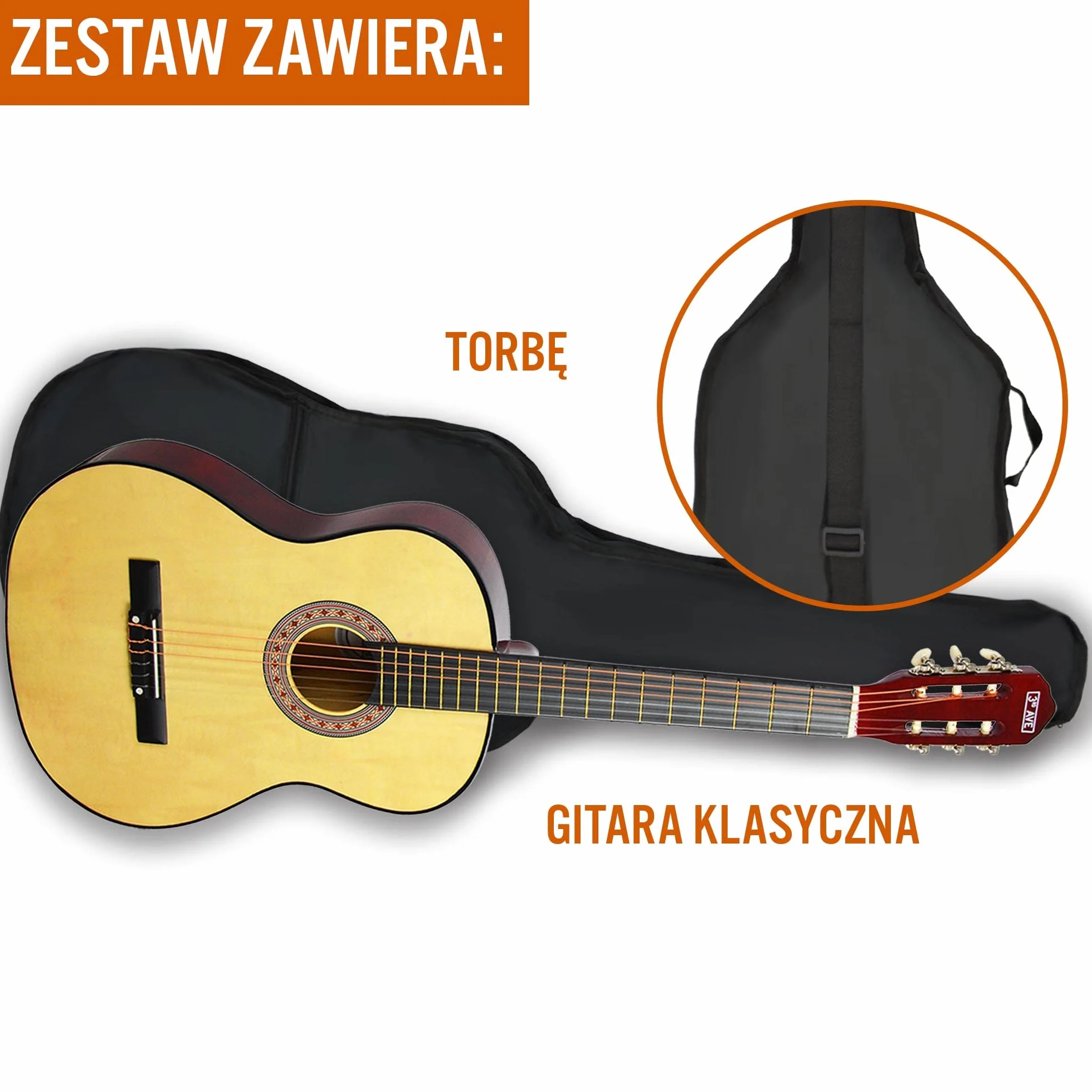 3rd Avenue Hiszpańska gitara klasyczna w rozmiarze 3/4, dla początkujących, struny nylonowe, futerał – w kolorze naturalnym