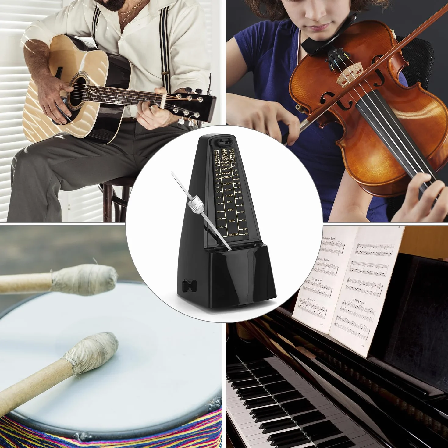 QWORK® Mechaniczny metronom z regulacją głośności dzwonka dla bębnów skrzypcowych z elektryczną gitarą basową