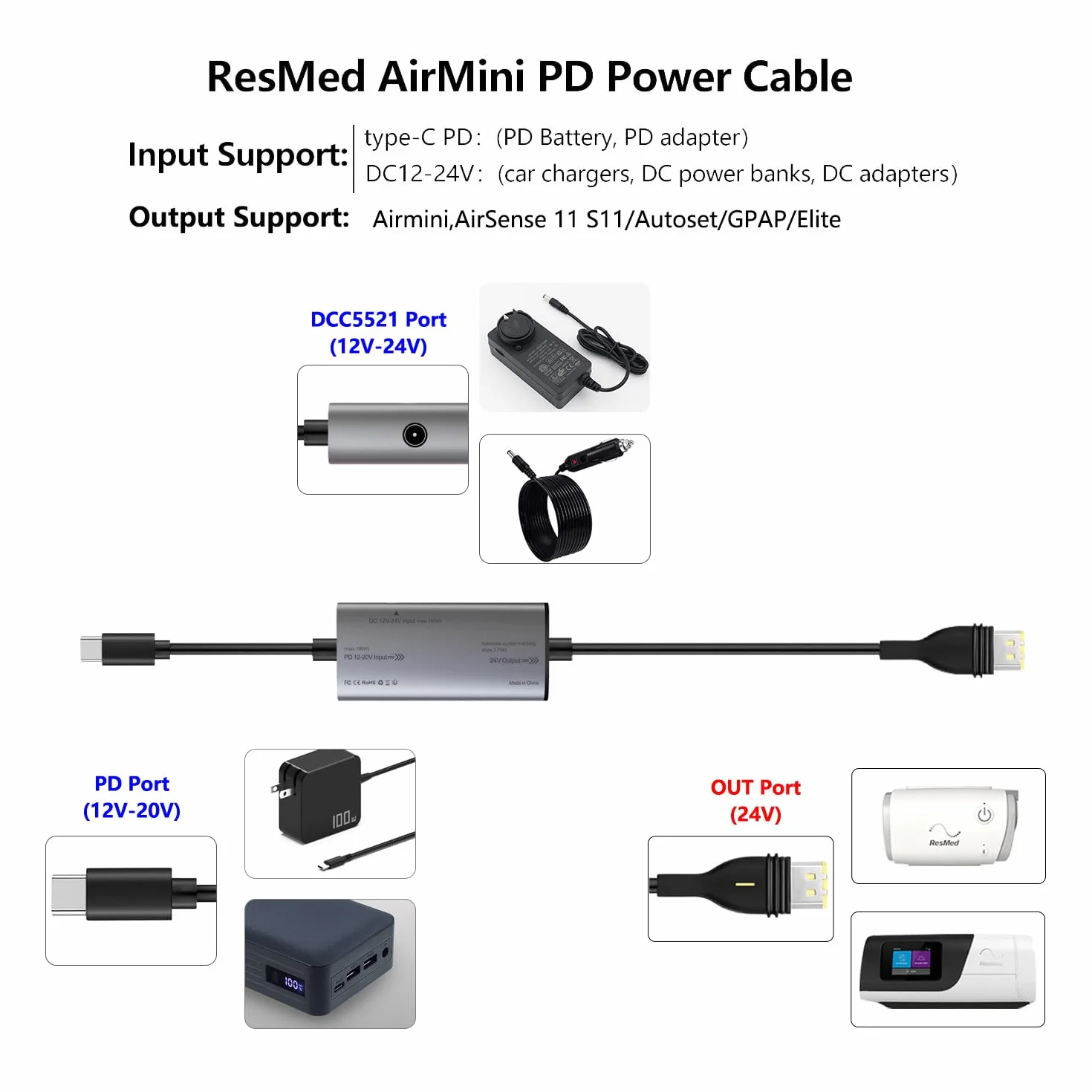 STAIGO USB-C AirMini PD kabel zasilający do AirSense 11/S11/Airmini/AutoSet/Elite/CPAP AirSense 11 przetwornik prądu stałego