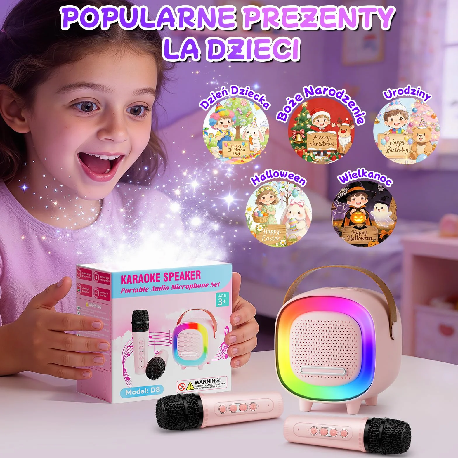 Mini Karaoke dla Dzieci i Dorosłych, 7 Trybów Efektów Dźwiękowych 6 Trybów Podświetlenia, Przenośny Głośnik Bluetooth z 2 Mikrofonami Bezprzewodowymi, Prezenty Świąteczne i Urodzinowe