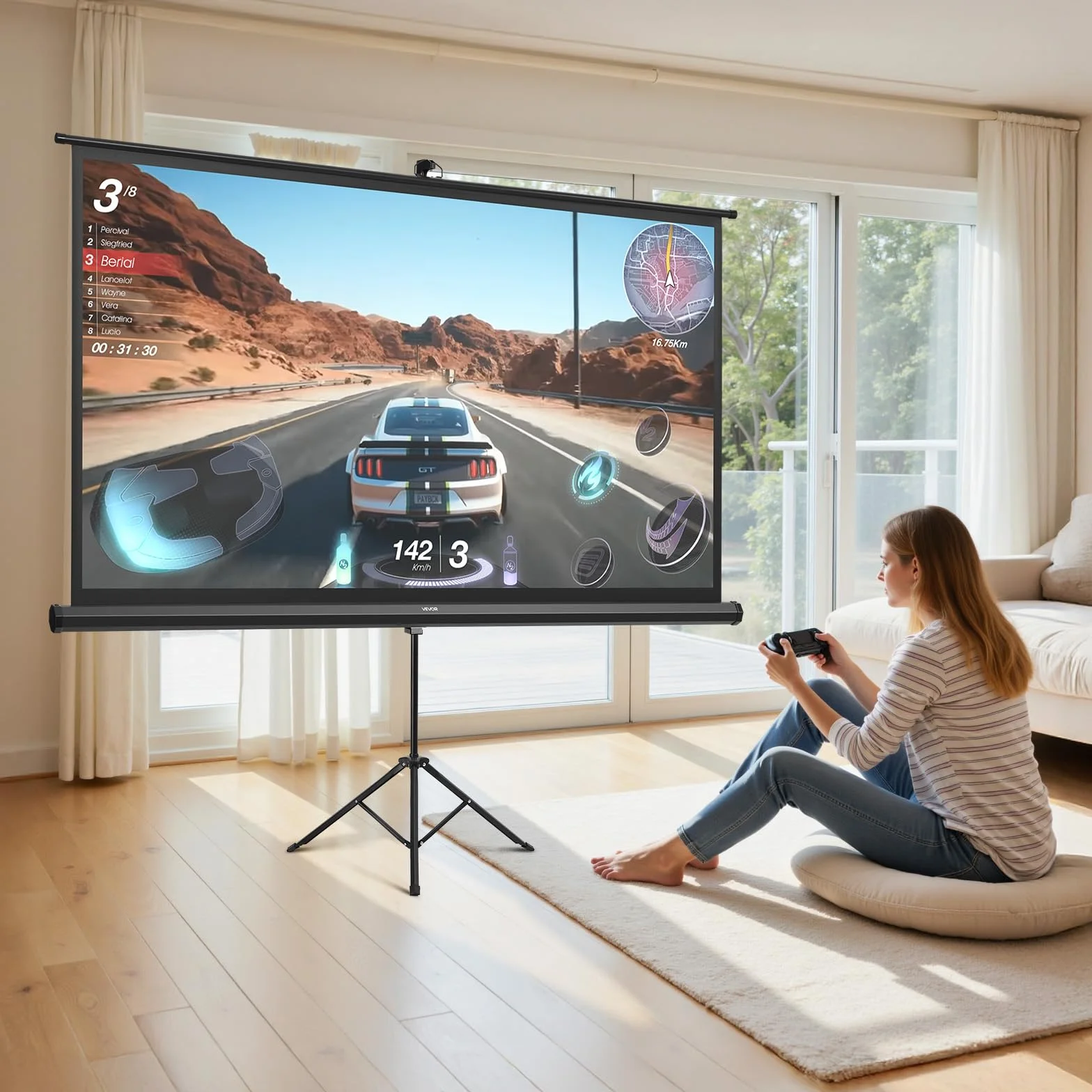 VEVOR Ekran projektora ze stojakiem, szeroki kąt 160°, ekran projekcyjny, 16:9 4K HD, bez zagnieceń, przenośny statyw z torbą do przenoszenia, do kina domowego, biura, prezentacji