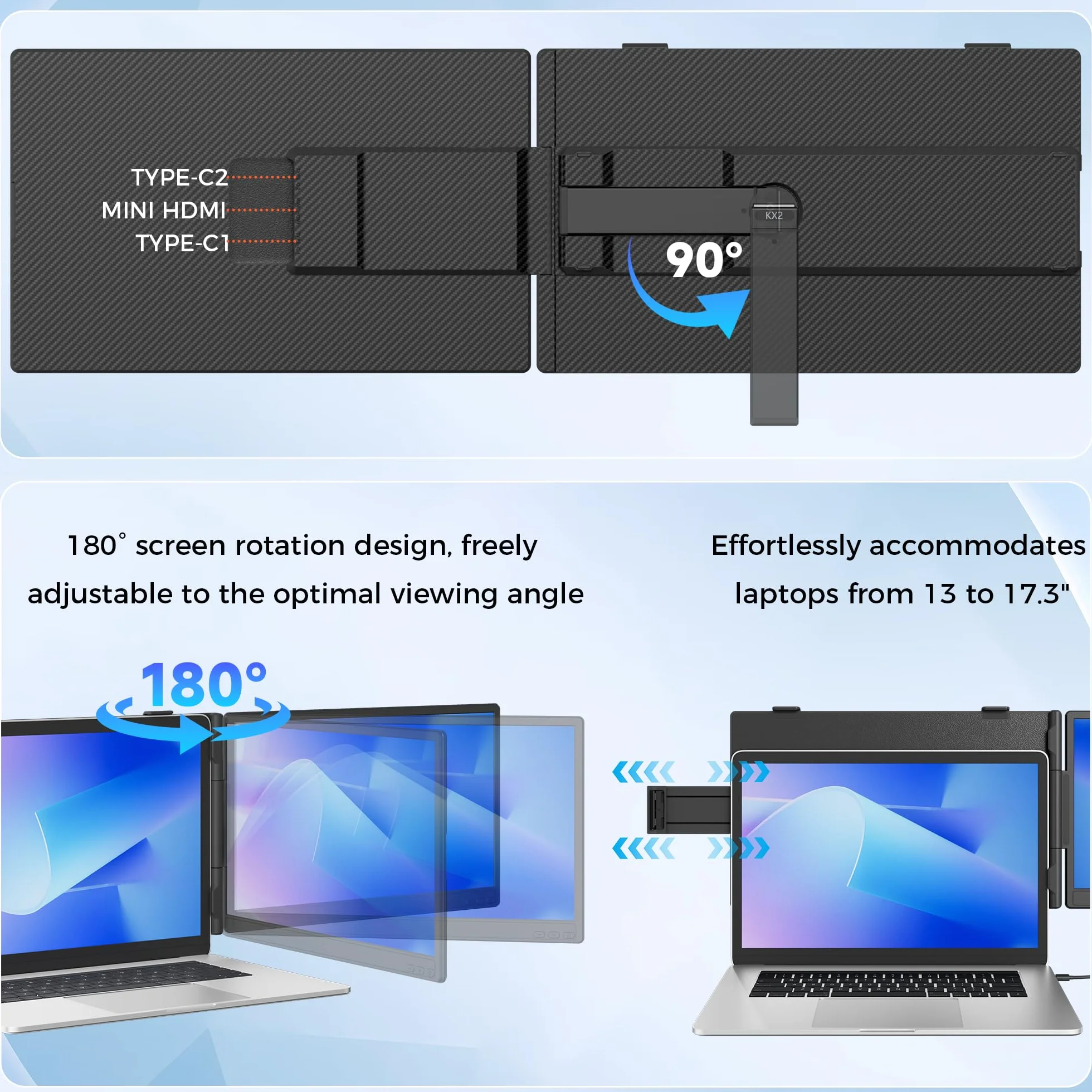Przedłużacz ekranu laptopa, 35.6 cm FHD 1080P IPS Dual Screen Laptop, przenośny monitor do laptopów 13-17,3 cala