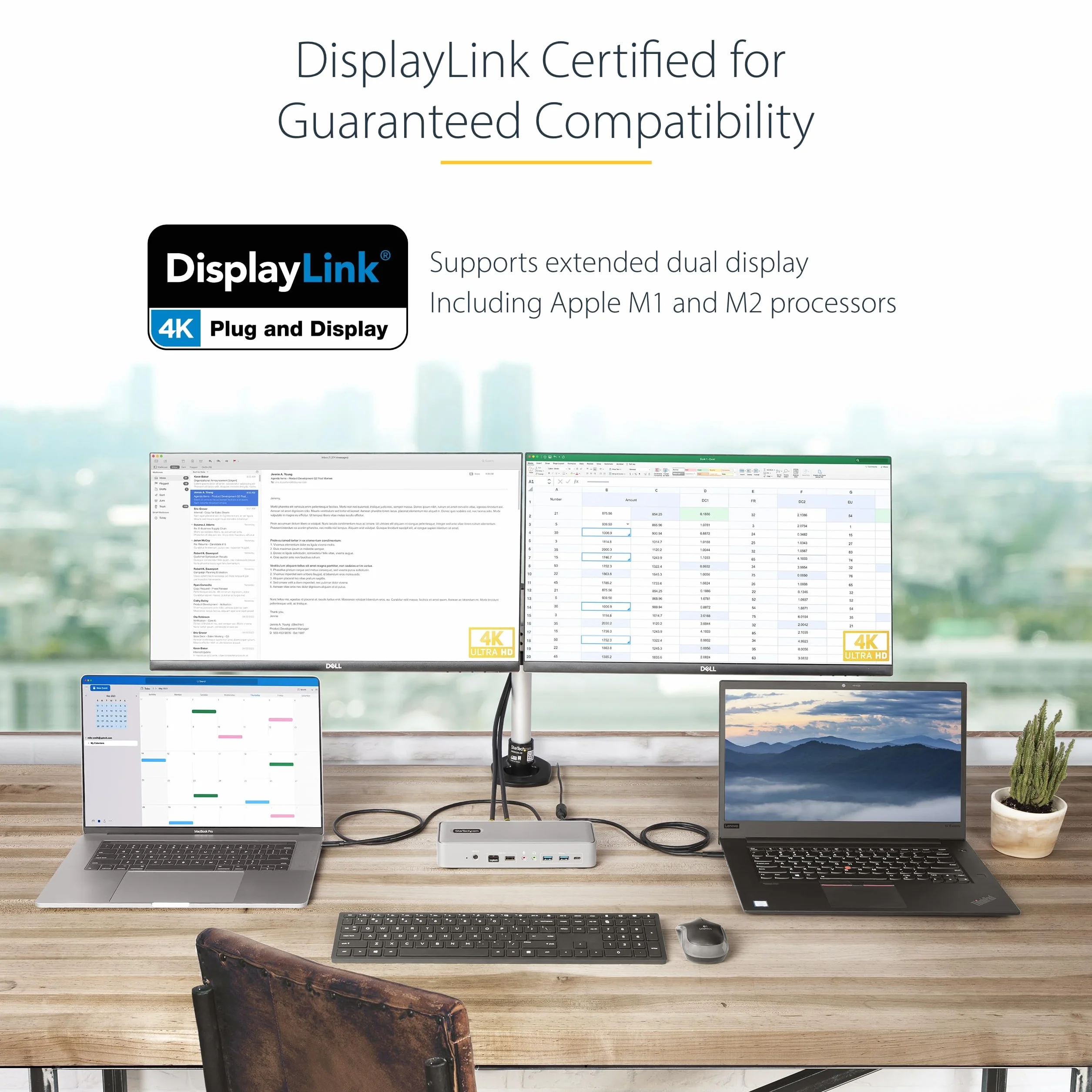 StarTech.com Stacja dokująca KVM USB-C do dwóch laptopów - DisplayPort 4K 60Hz stacja dokująca dla 2 monitorów - 5-portowy koncentrator USB, GbE, zasilacz 90W/45W (129UE-USBC-KVM-DOCK)