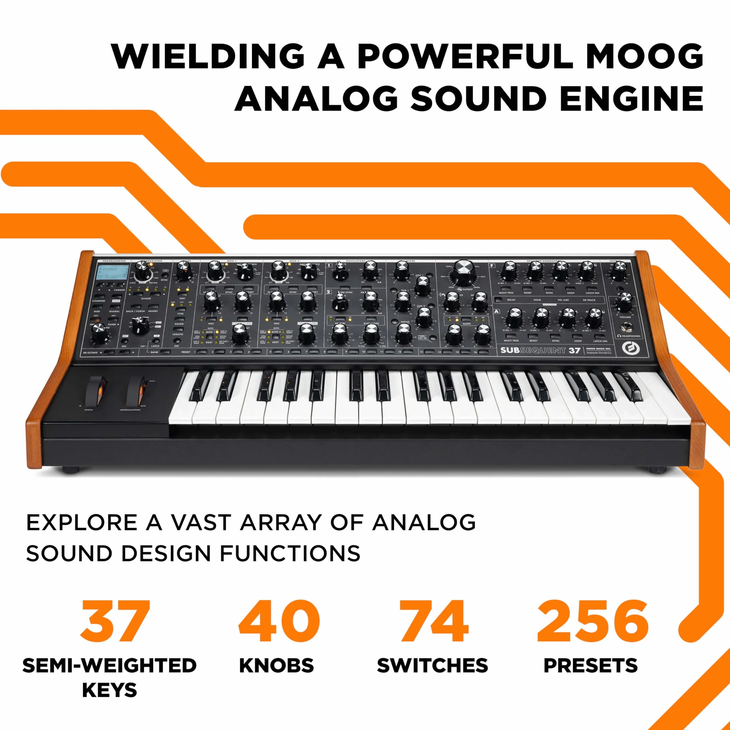 MOOG Subsequent 37 - Parafoniczny Syntezator Analogowy i Keyboard MIDI- 37 Półważonych Klawiszy, Wzmacniacz Słuchawkowy, 256 Presetów, Ekran i Edytor
