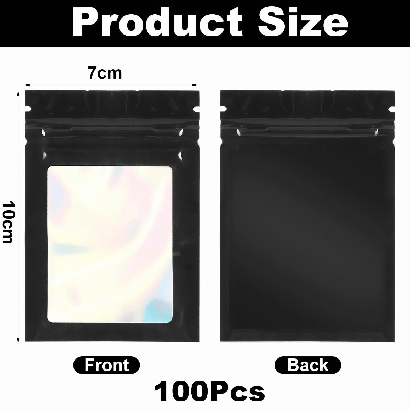 KOMABLEN Mylar Bags, 100 sztuk czarnych woreczków Mylar, 7 x 10 cm, plastikowe torebki wielokrotnego zamykania, torebki strunowe z przezroczystym okienkiem, torby na biżuterię, słodycze