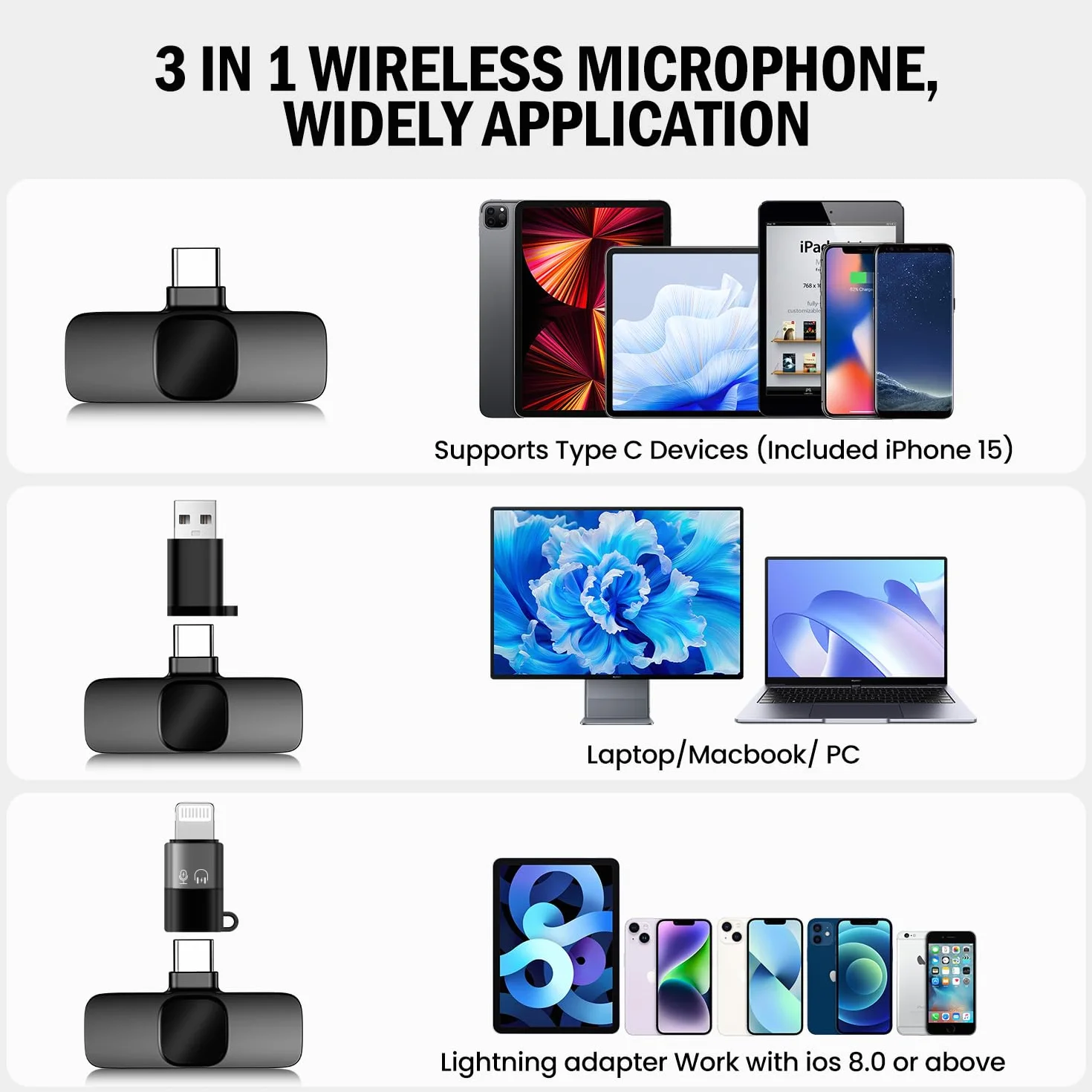 Ulepszony bezprzewodowy mikrofon krawatowy 3 w 1 z regulowanym klipsem kołnierzowym i adapterem - do iPhone'a/Androida/komputera - mini mikrofon do nagrywania wideo/podcastów