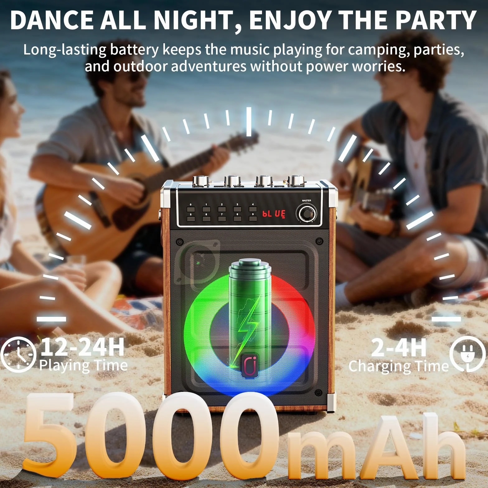 JYX Maszyna do karaoke z 2 mikrofonami bezprzewodowymi UHF, regulacją tonów, oświetleniem LED, TWS, AUX, FM, REC