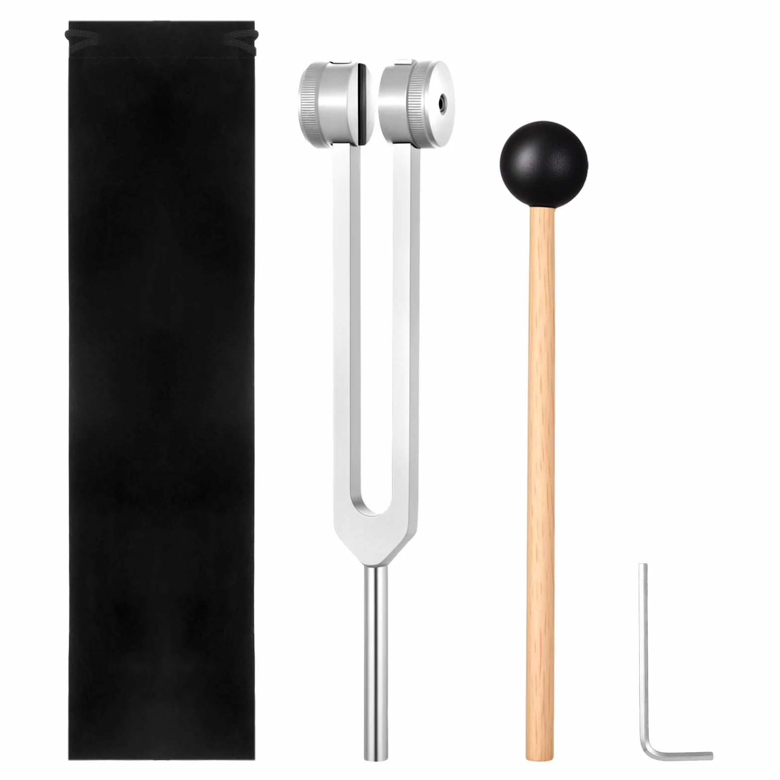 Widelec do strojenia 128 Hz do terapii, 128 Hz, aluminium, do terapii częstotliwościowej, z aksamitnym woreczkiem, silikonowym młotkiem i narzędziem do naprawy (kolor srebrny)