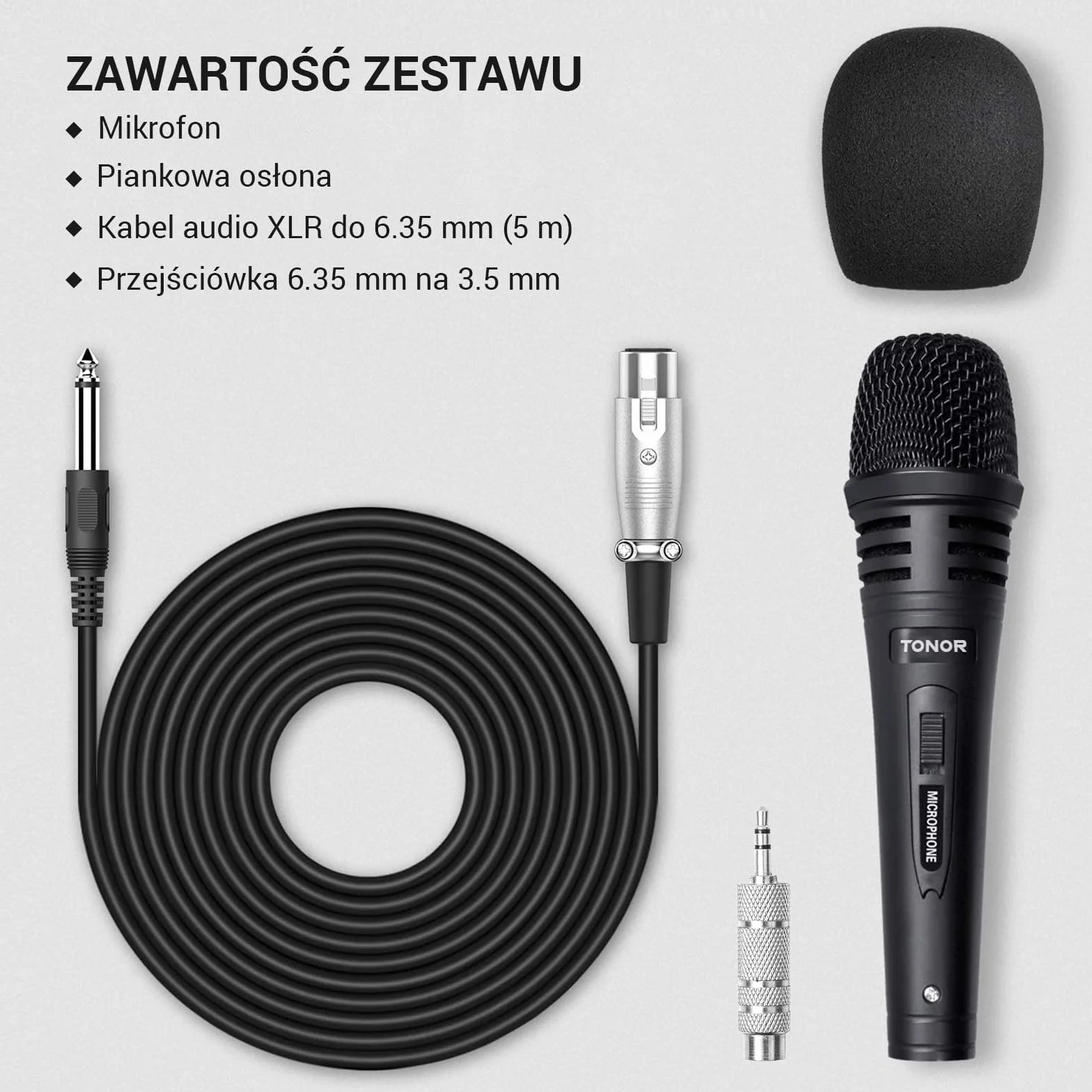 TONOR Dynamiczny mikrofon z kablem XLR 5 m, jack 6,35 mm, mikrofon ręczny, mikrofon kompatybilny z JBL Partybox, urządzenie do karaoke, mikromiks do DVD/telewizora/KTV audio/miksera