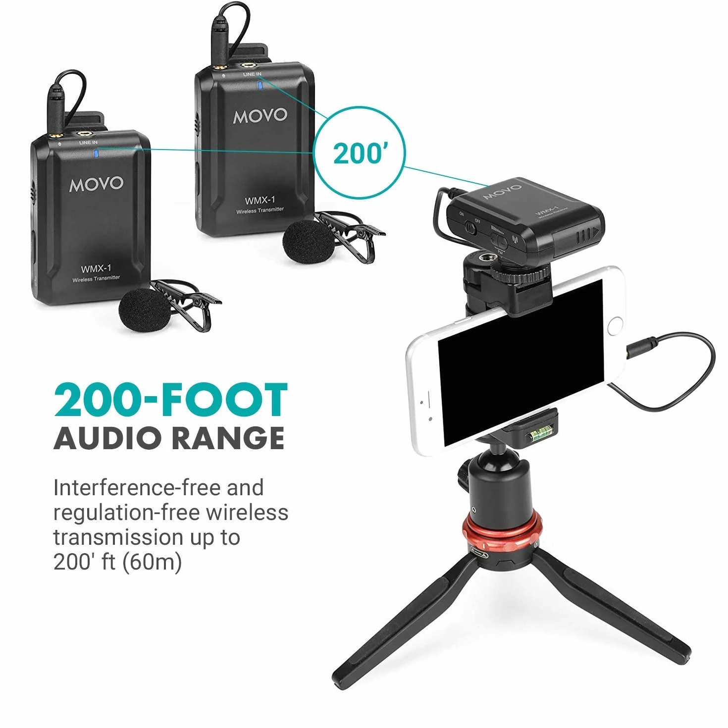 Movo WMX-1-DUO 2,4 GHz podwójny bezprzewodowy system mikrofonu krawatowego kompatybilny z aparatami DSLR, kamerami, iPhone'ami, smartfonami z systemem Android i tabletami (zasięg audio 60 m) – idealny