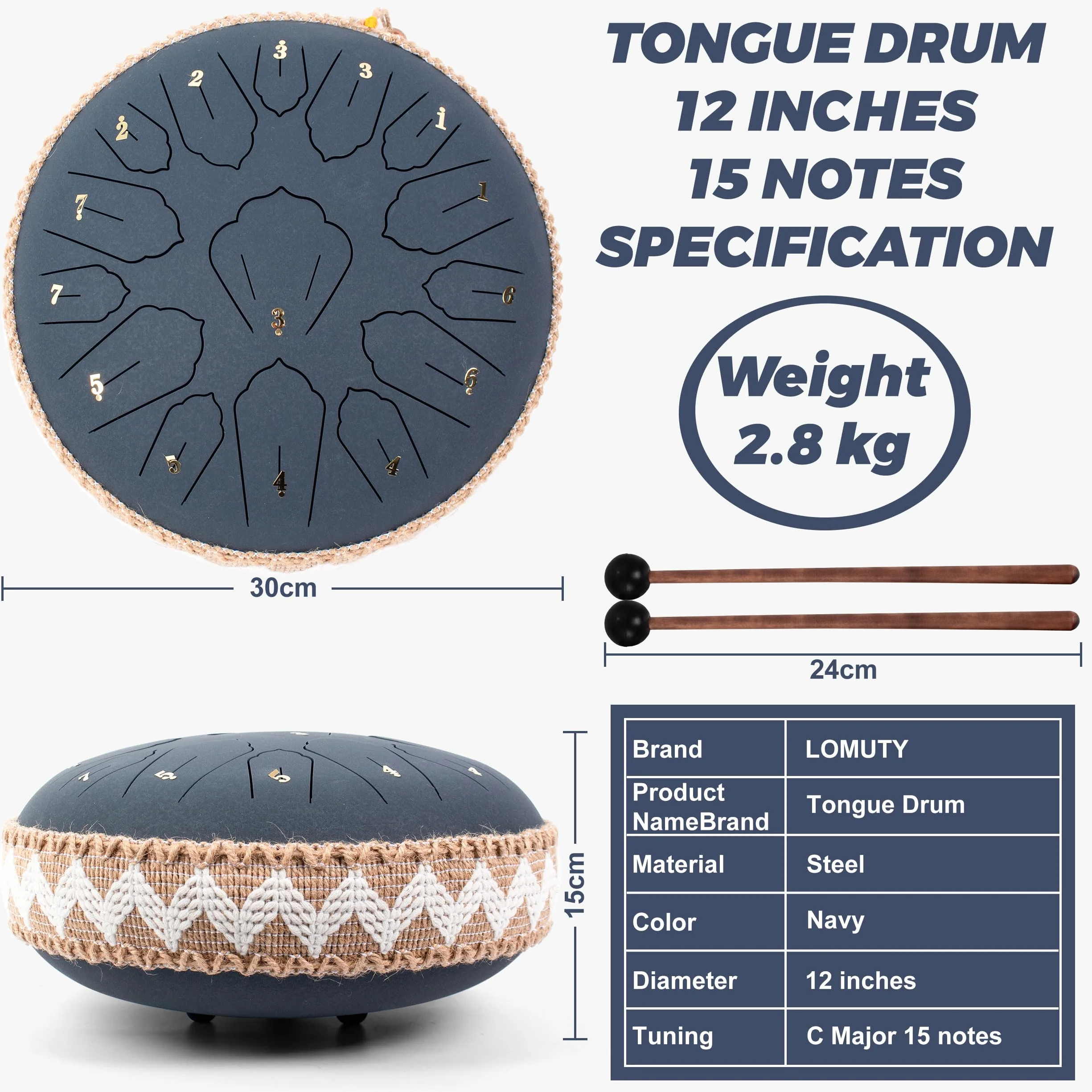 Steel Tongue Drum C Maggiore, 12 cali 30 cm 15 noty, stalowy bęben językowy do uzdrawiania dźwiękiem, medytacja, joga, bęben deszczowy jako prezent, ciemnoniebieski