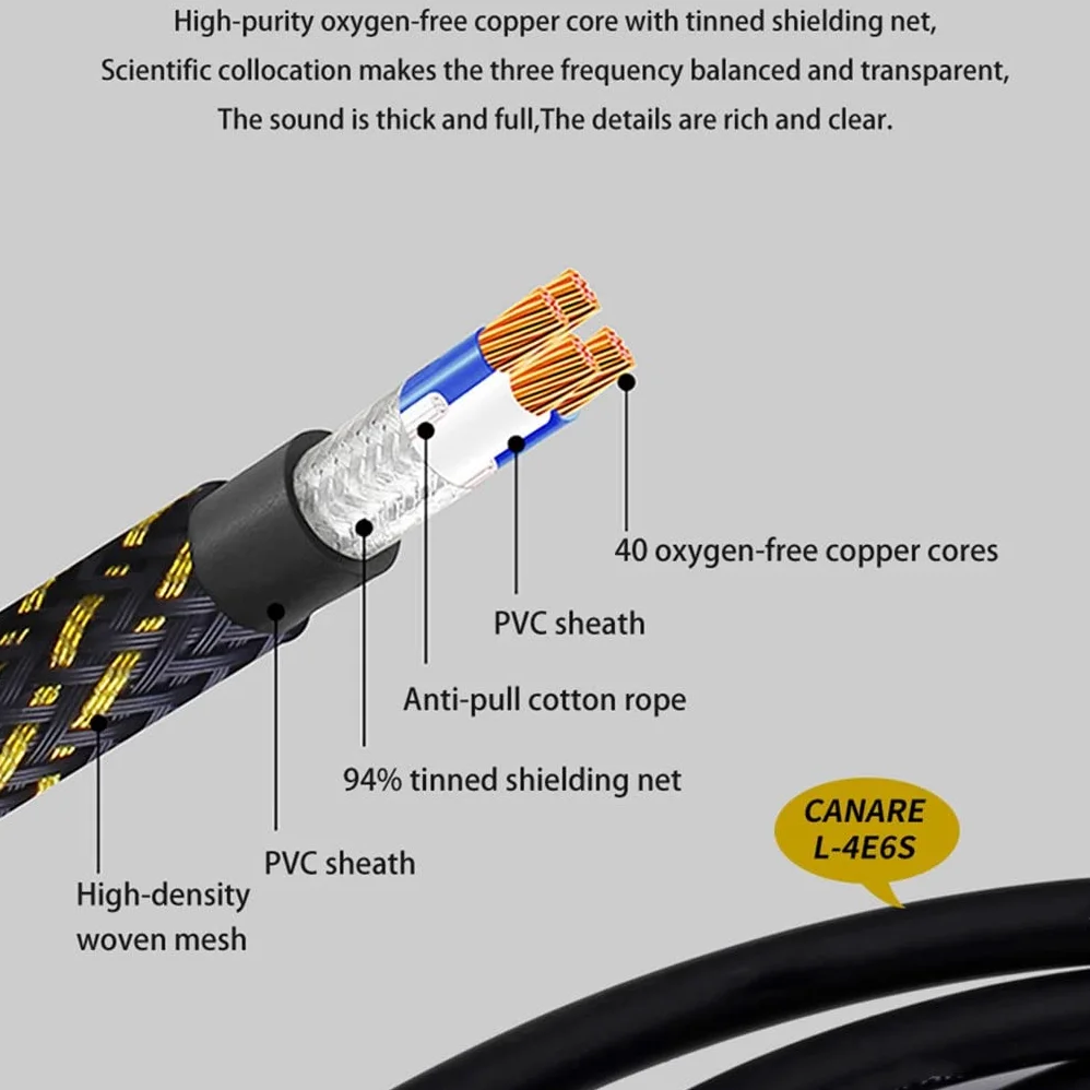 Kabel Audio, kabel instrumentalny, kabel Audio 6.5mm Jack do Jack4N OFC do mikrofonu wzmacniacz gitarowy odtwarzacz CD głośnik (kolor: jak pokazano, rozmiar: jeden rozmiar)