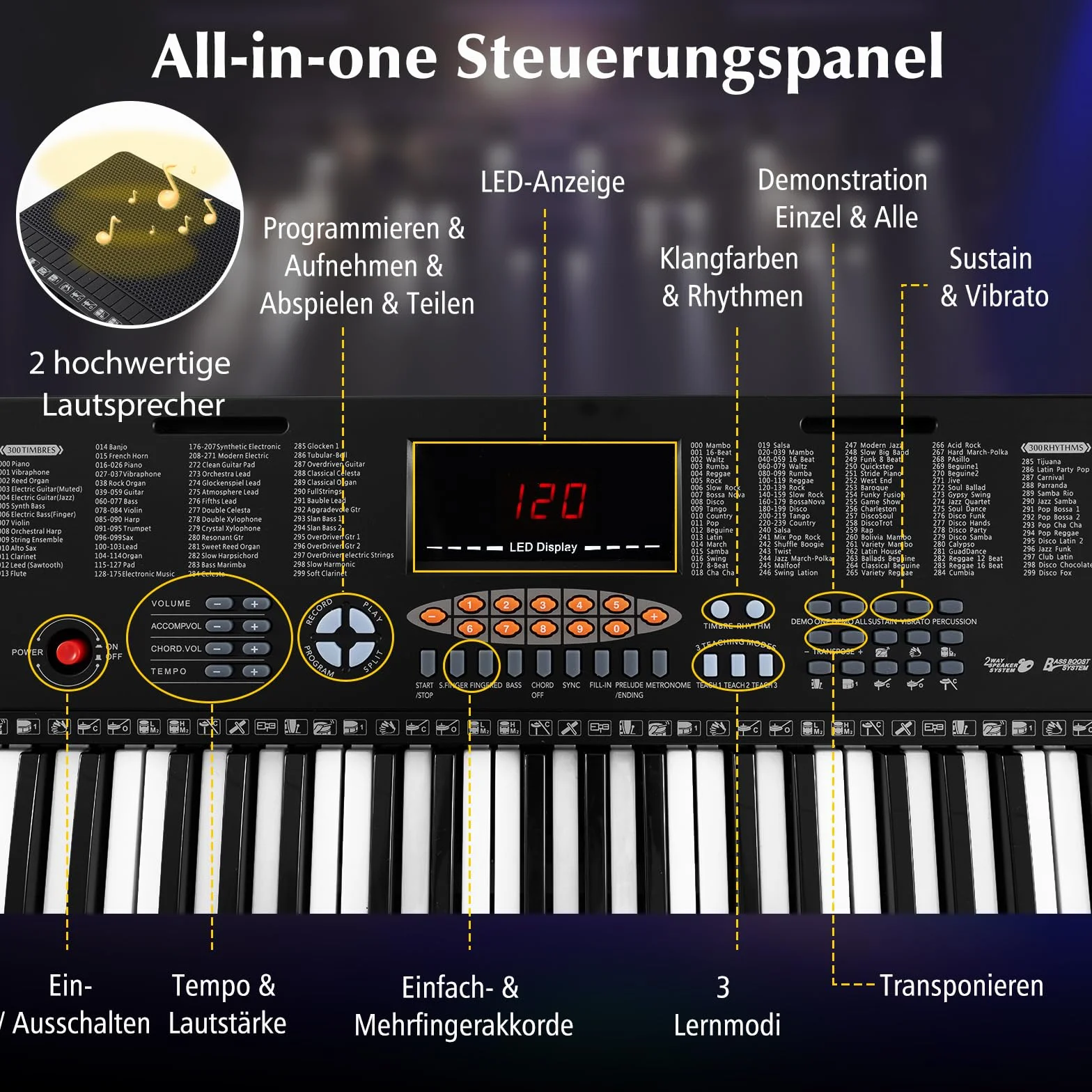COSTWAY Klawiatura pianino dla początkujących z 61 klawiszami, cyfrowe pianino z 300 tonami, 300 rytmów, 50 demo, 3 tryby nauki, w zestawie stojak, mikrofon