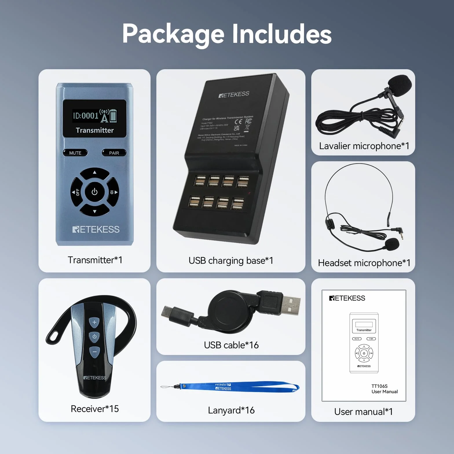 Retekess TT106S Bezprzewodowy System Tour Guide, Słuchawki Tour Guide, Sterowanie Jednym Dotknięciem, 2.4G,Port ładowania USB, dla Grup Turystycznych, Sesje Szkoleniowe (1 Nadajnik, 15 Odbiorników)