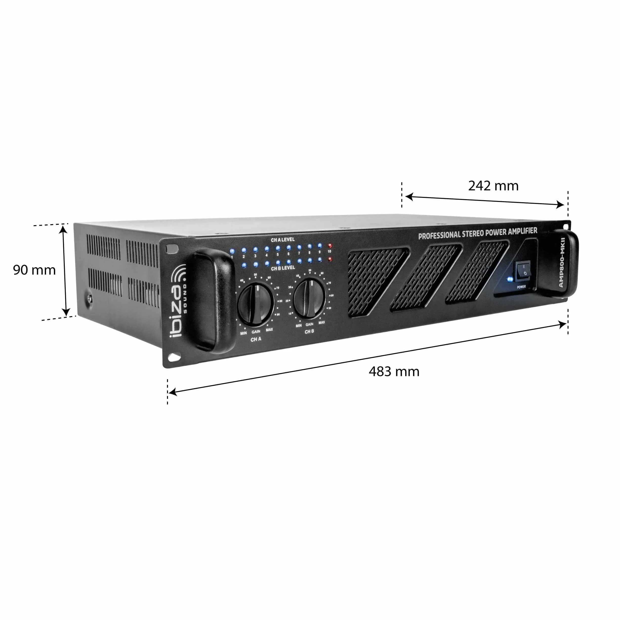 Ibiza - AMP800-MKII - Profesjonalny wzmacniacz z procesorem dźwięku 2x600W z wejściami RCA/Jack i wyjściami Speakon/Born - możliwość montażu w szafie rack 19" - czarny