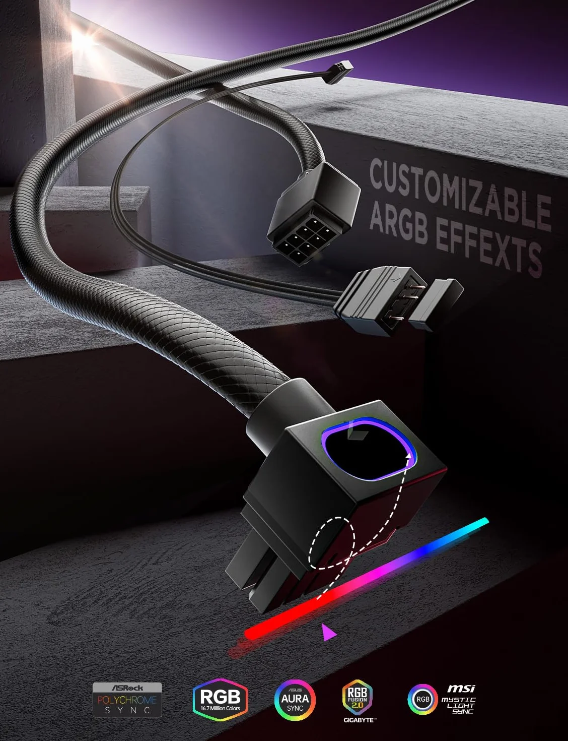 AsiaHorse Hydrus 8-Pin GPU Kabel przedłużający [TYP A - ZATZASK NA DOLE], Kabel zasilający PCIE do karty graficznej (NIE DLA CPU), 18AWG Sleeved, 5V ARGB Sync - Czarny