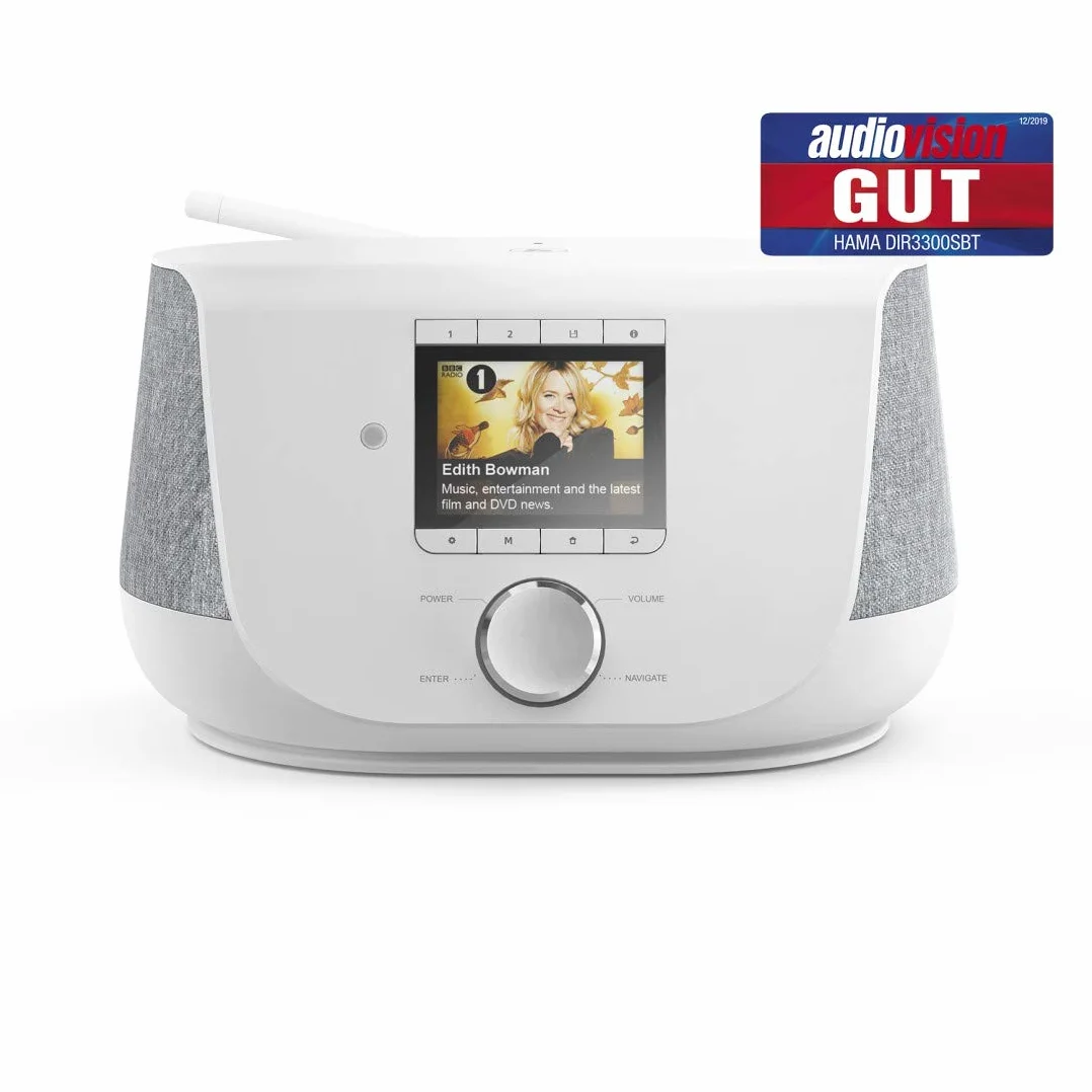 Hama Radio Cyfrowe DIR3300SBT FM/DAB/DAB+/INT/BT (radio internetowe, gniazdo USB A/F/jack 3,5mm, 2.4GHz/5GHz, 20 W, stereo, pilot, 24,5 x 15,5 x 15,5 cm, kabel 1,8m) białe