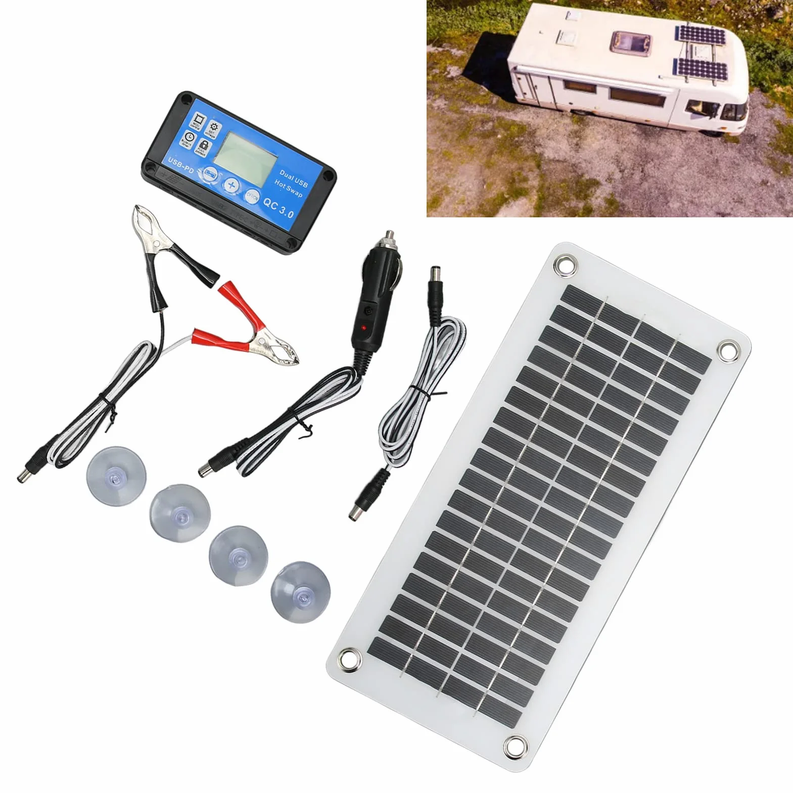 Zestaw Paneli Słonecznych 12V 30W, Przenośny Panel Słoneczny, Przenośny moduł Słoneczny z Kontrolerem Stała Przyssawka, do Pojazdu Rekreacyjnego Samochód Statek Kempingowy dla RV