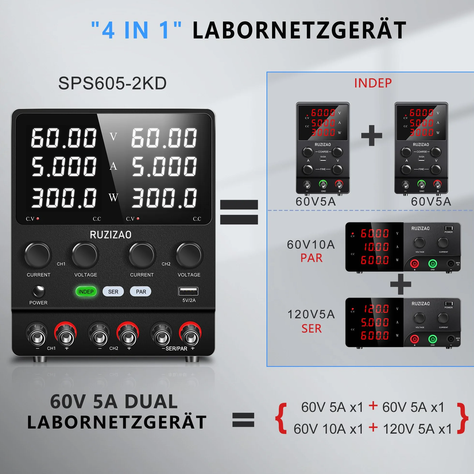 Podwójny zasilacz laboratoryjny, 60 V, 5 A, szeregowy, równoległy, regulowany zasilacz prądu stałego 60 V, 10 A, 120 V, 5 A, 600 W, ustawienie kodera, podwójne napięcie, prąd 4 w jednym