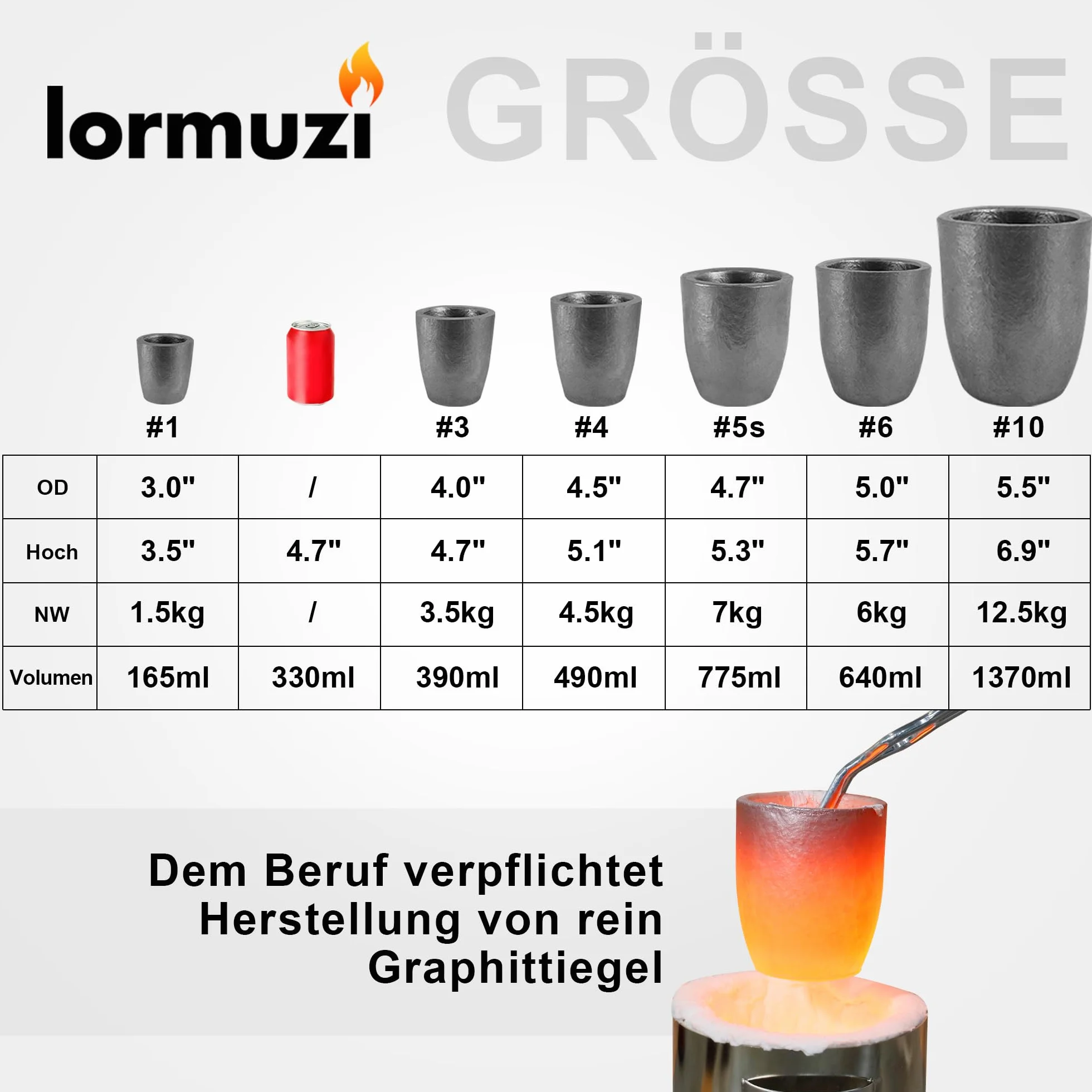 lormuzi Tygiel grafitowy z węglika krzemu (3,5 kg - 390 ml), topienie metali, wytrzymuje wysokie temperatury 1800°C (3272°F), topienie, odlewanie, rafinowanie aluminium, złota, srebra, miedzi (3 kg