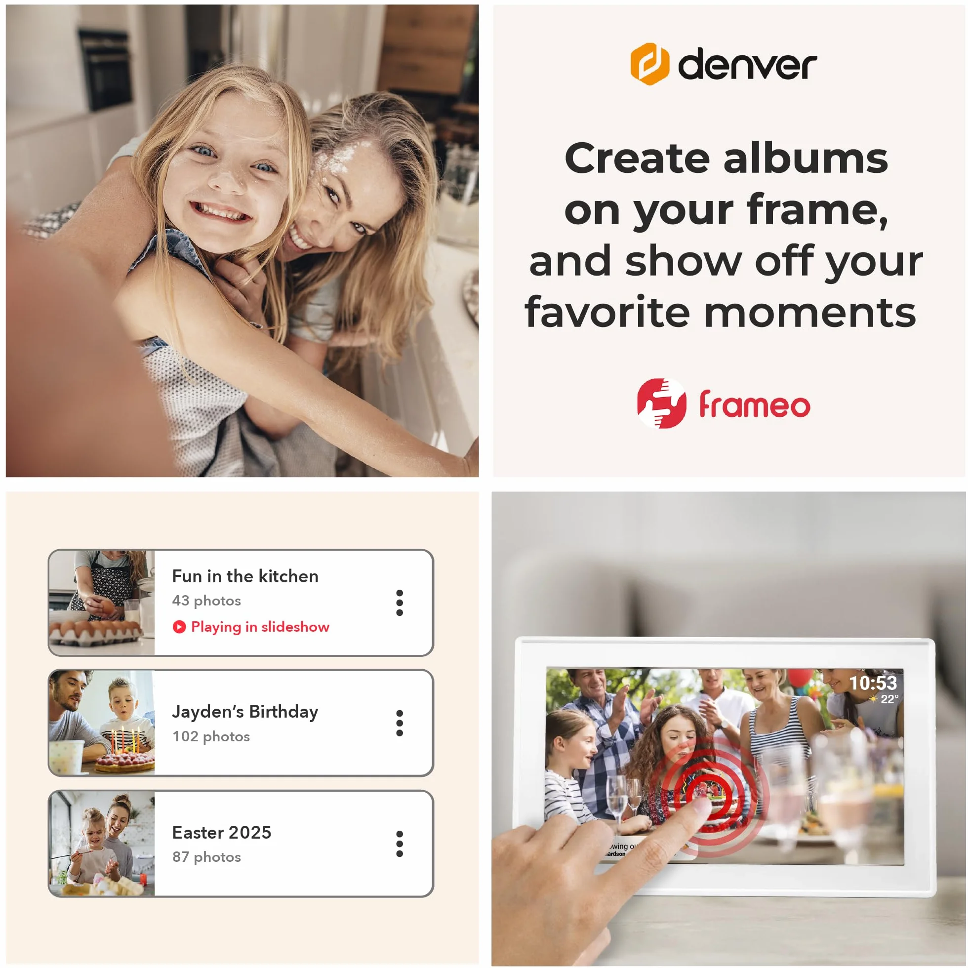 Denver PFF-1515W cyfrowa ramka na zdjęcia Wi-Fi – ekran dotykowy Full HD IPS 15,6", zintegrowane oprogramowanie FRAMEO, bezprzewodowe udostępnianie, automatyczne wyłączanie nocne, pamięć 16 GB, biała