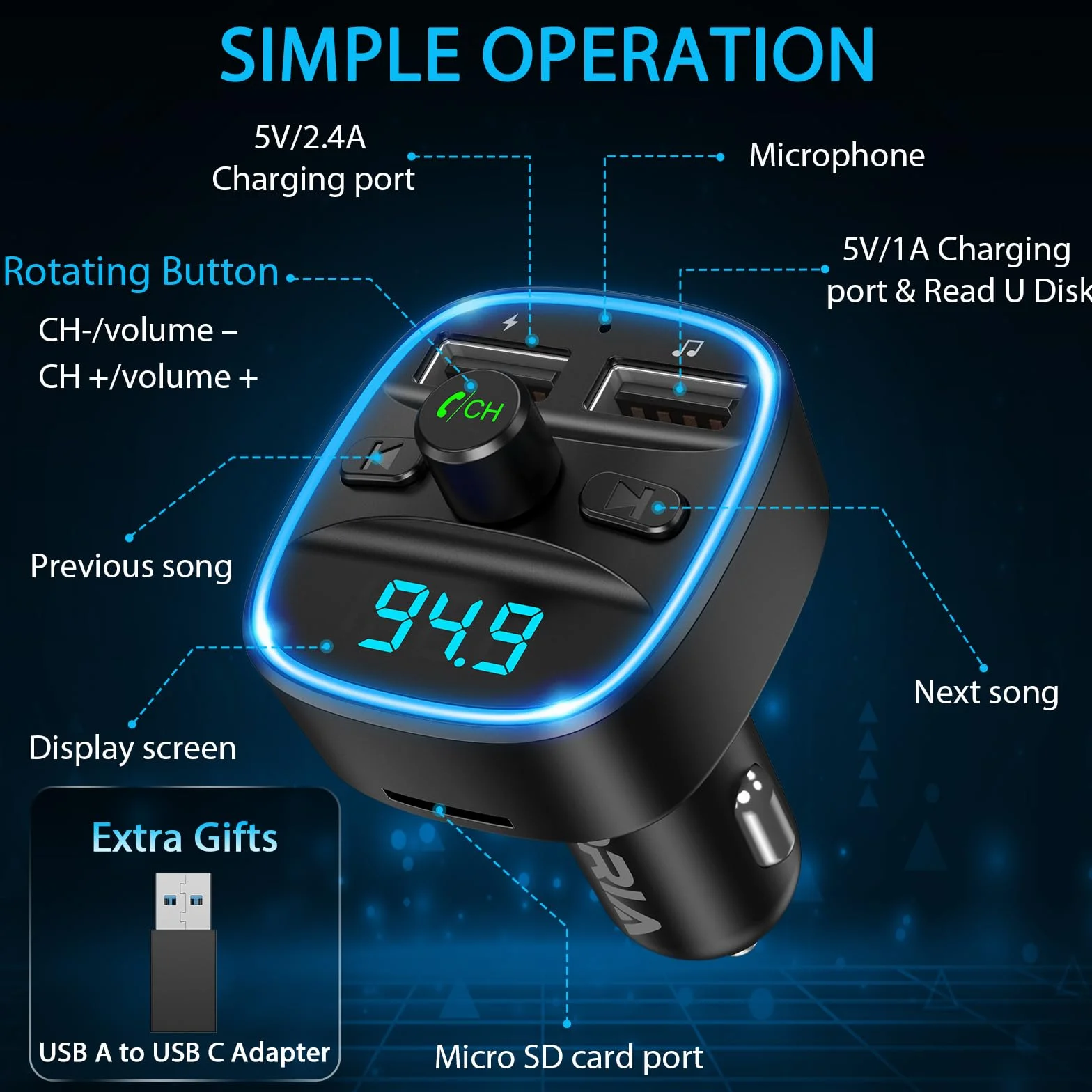 ORIA Samochodowy adapter Bluetooth, nadajnik FM Bluetooth 5.3 do radia samochodowego z podwójną ładowarką USB, połączenia bez użycia rąk, obsługa odtwarzacza muzycznego karty TF i dysku USB (w