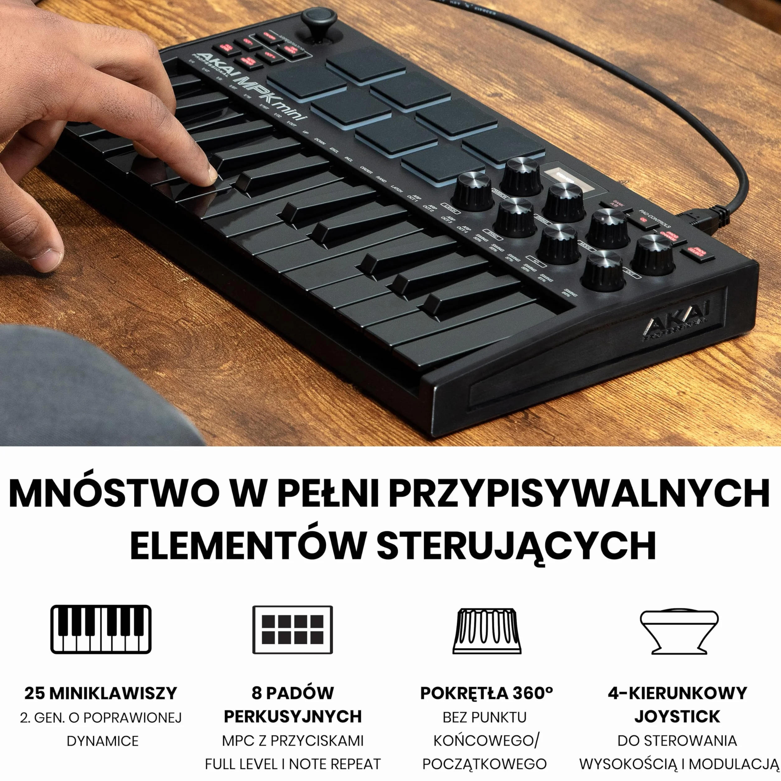 Akai Professional MPK Mini MK3 25-klawiszowa klawiatura sterująca USB MIDI z 8 podświetlanymi padami, 8 pokrętłami, programem do produkcji muzyki, pakiet Native Instruments (integracja NKS), Czarna