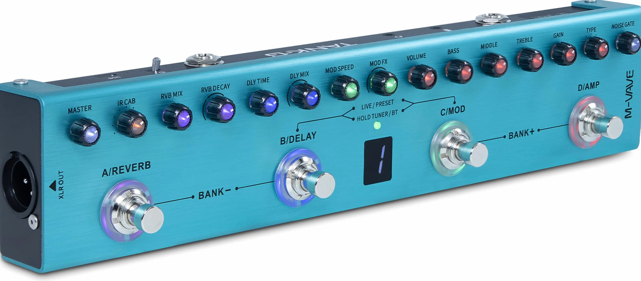 M-VAVE Pure Digital wieloefektowy gitarowy z pogłosem, opóźnieniem TANK G V2, MOD i wzmacniaczem, wbudowana akumulatorowa bateria litowa.