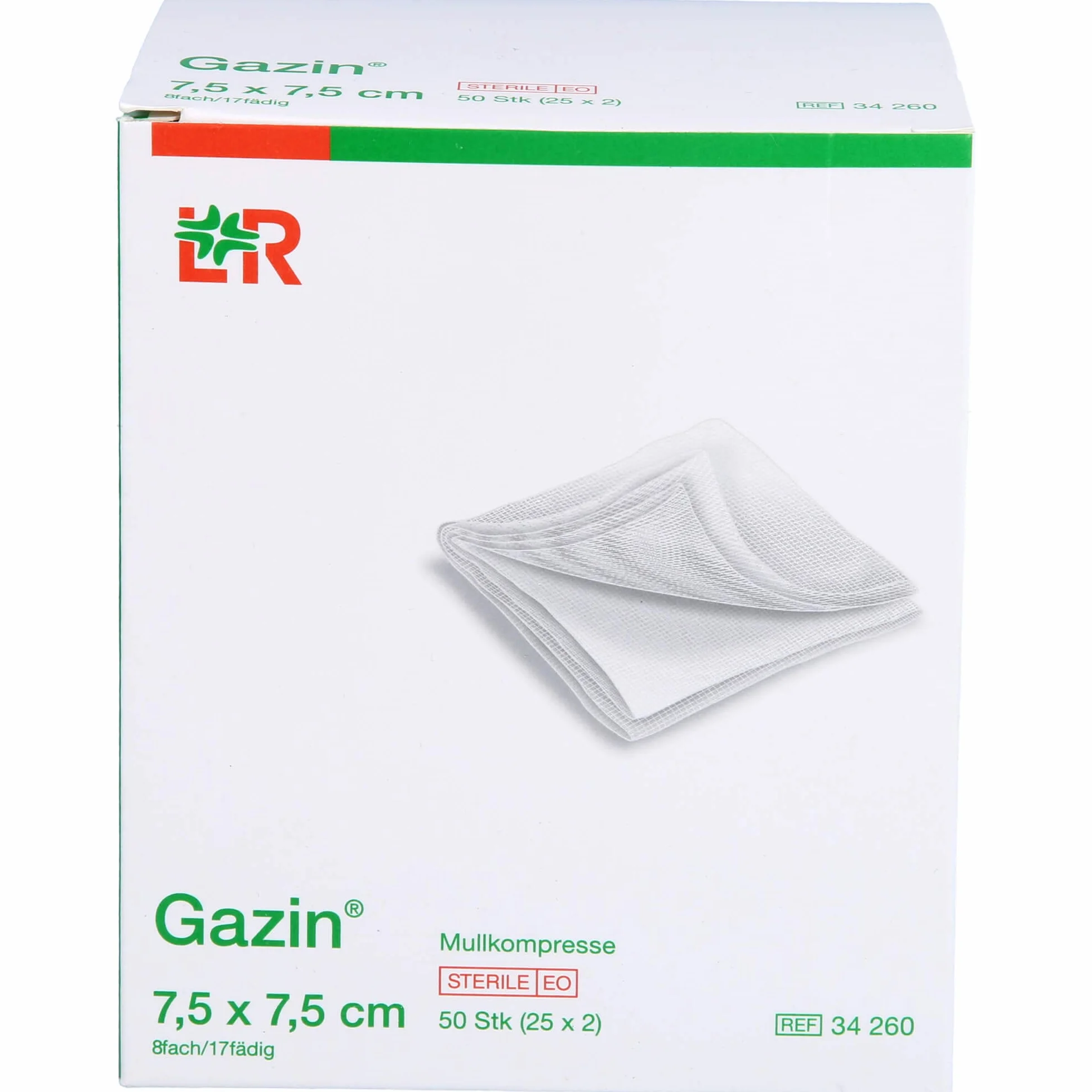 Gazin Kompresy z gazy 75 cm x 75 cm, sterylne, 8-krotne 25 x 2 sztuki, 150 g, białe, 50 sztuk