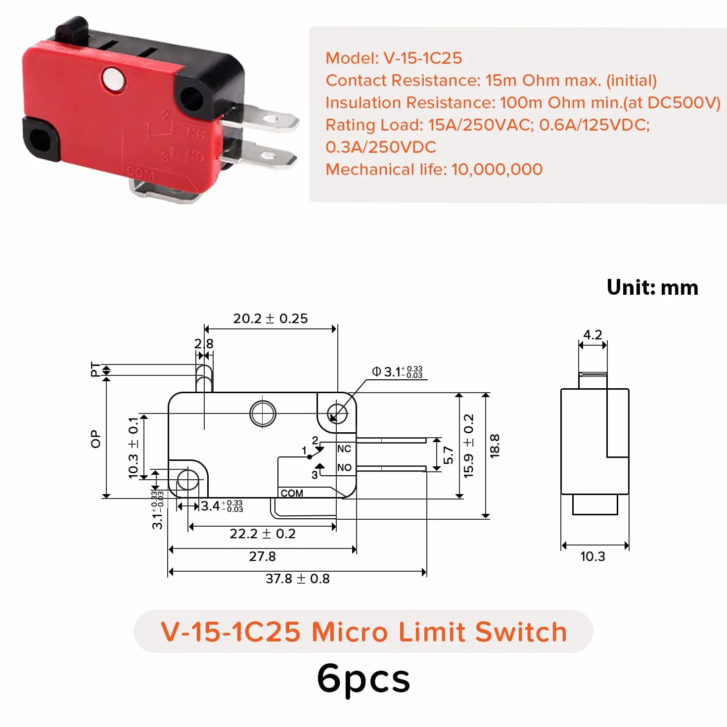 6 Sztuk V-15-1C25 Mikrowyłącznik Krańcowy, 125V/250V 15A SPDT 1 NO 1 NC Przełącznik Zatrzaskowy, do Drzwi Kuchenki Mikrofalowej Arcade Cherry Push Button
