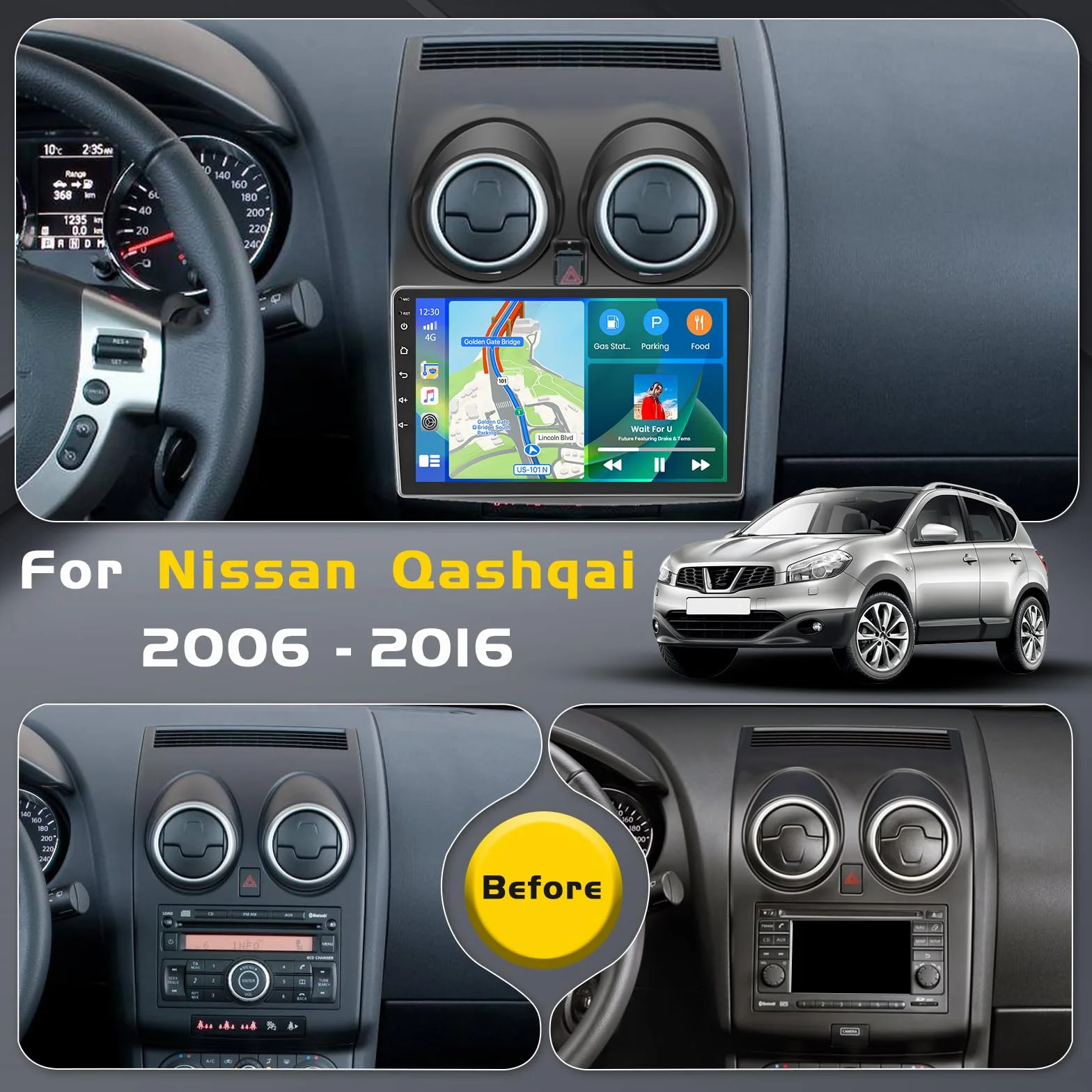 Inefala 4G+64G Android 15 Car Stereo do Nissana Qashqai 2006-2016 z bezprzewodową funkcją CarPlay Android Auto, 9-calowym ekranem dotykowym, Bluetooth Car Stereo z GPS WiFi DSP RDS MIC Tylna kamera