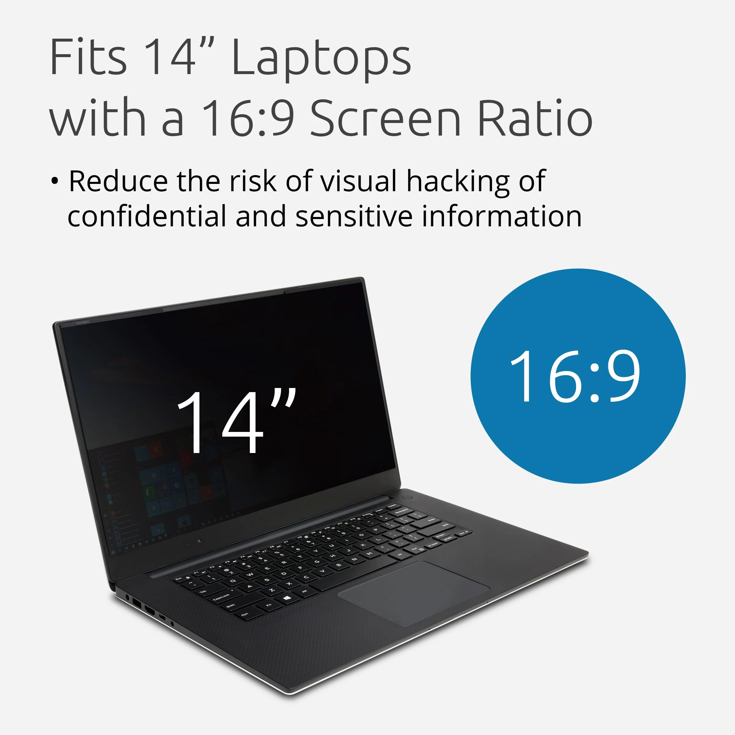 Filtr prywatyzujący Kensington, ruchomy i dwustronny, do laptopów/tabletów 14" 16:9, powłoka przeciwodblaskowa, z redukcją niebieskiego światła, aby zapobiec zmęczeniu oczu (628333)