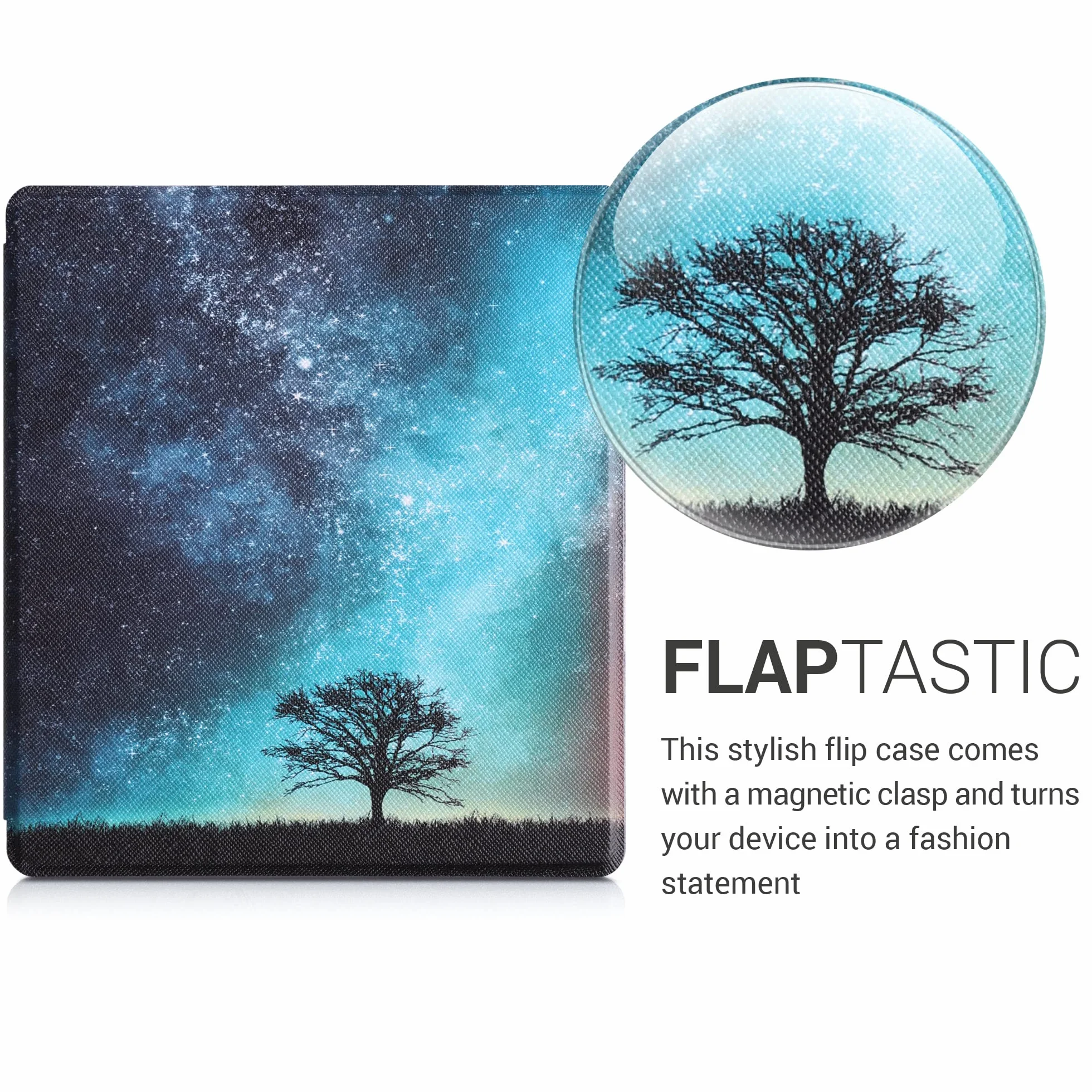 kwmobile Etui z Klapką Kompatybilne z Amazon Kindle Oasis 10. Generacji - Etui na czytnik e-booków - Galaxy Tree Meadow Niebieski Szary Czarny