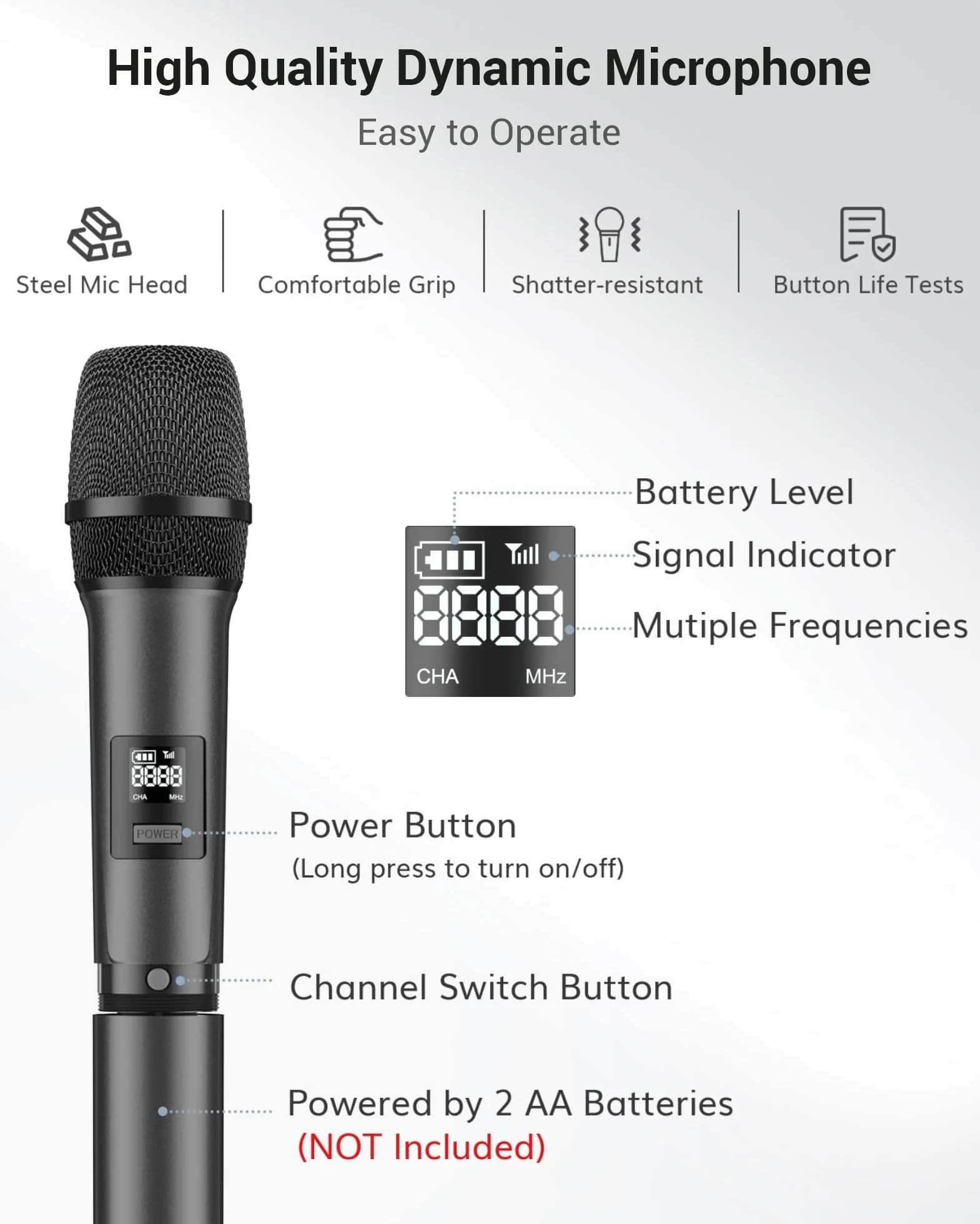 Mikrofony bezprzewodowe, TONOR podwójny ręczny dynamiczny system mikrofonowy do odbiornikiem do karaoke, KTV, wesela, imprezy, kościoła, 2x5 UHF regulowane częstotliwości, 60M szary