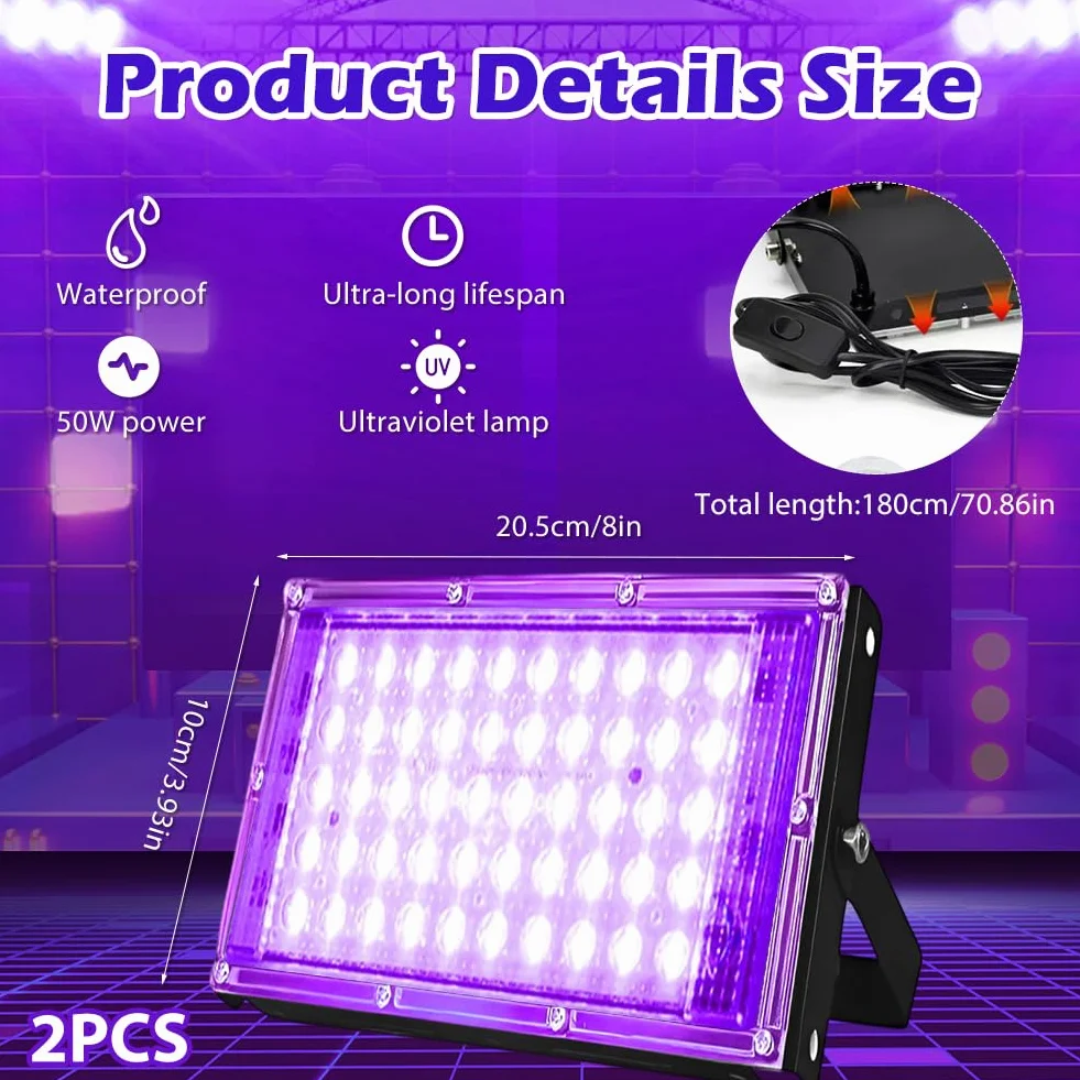 Reflektor LED 50W IP66 Czarny 2 sztuki z kablem 1,8m Oświetlenie Sceniczne