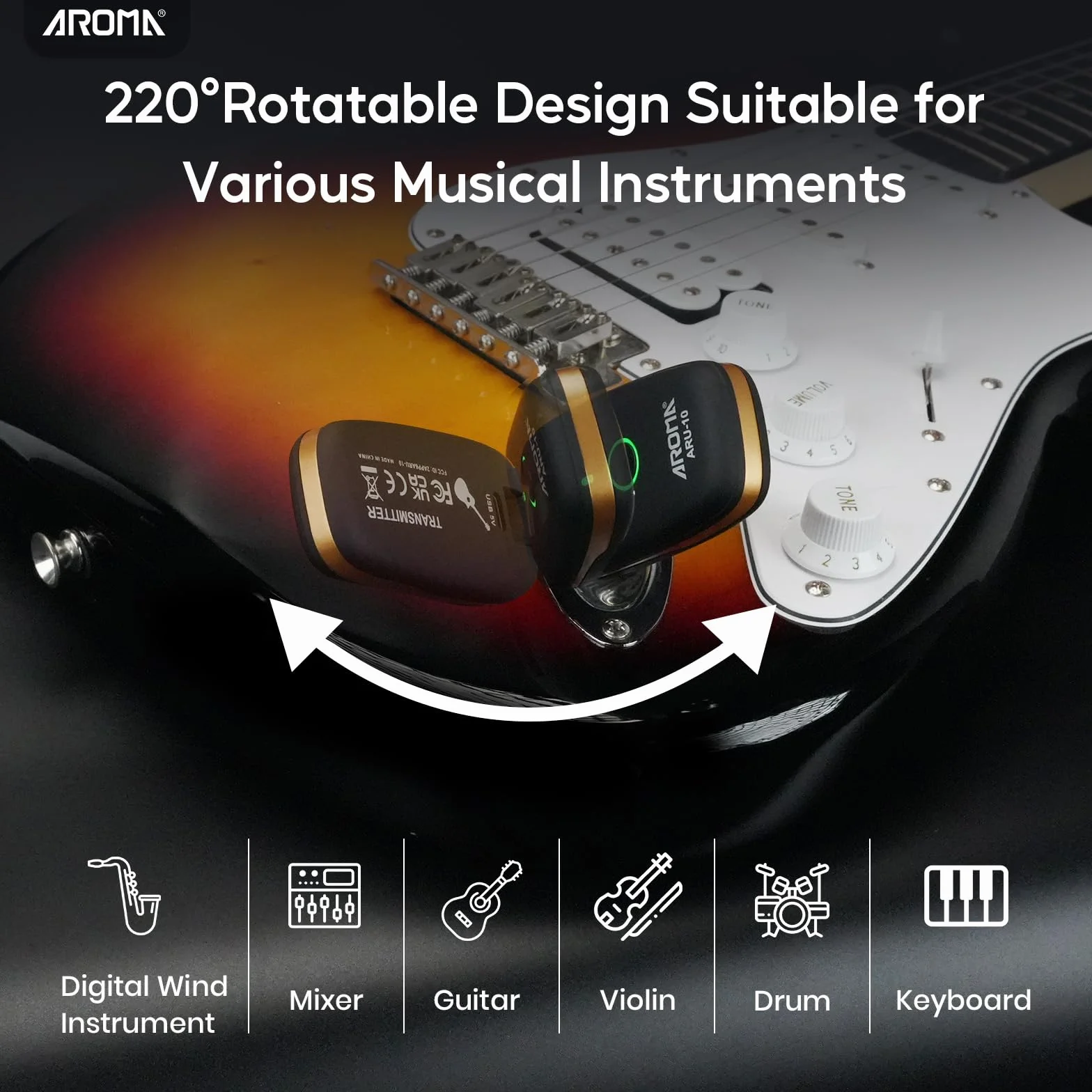 Aroma Bezprzewodowy System Gitarowy UHF z Akumulatorem Nadajnik i Odbiornik Audio, Obsługa 7 Kanałów do Gitary, Basu i Instrumentów Elektrycznych