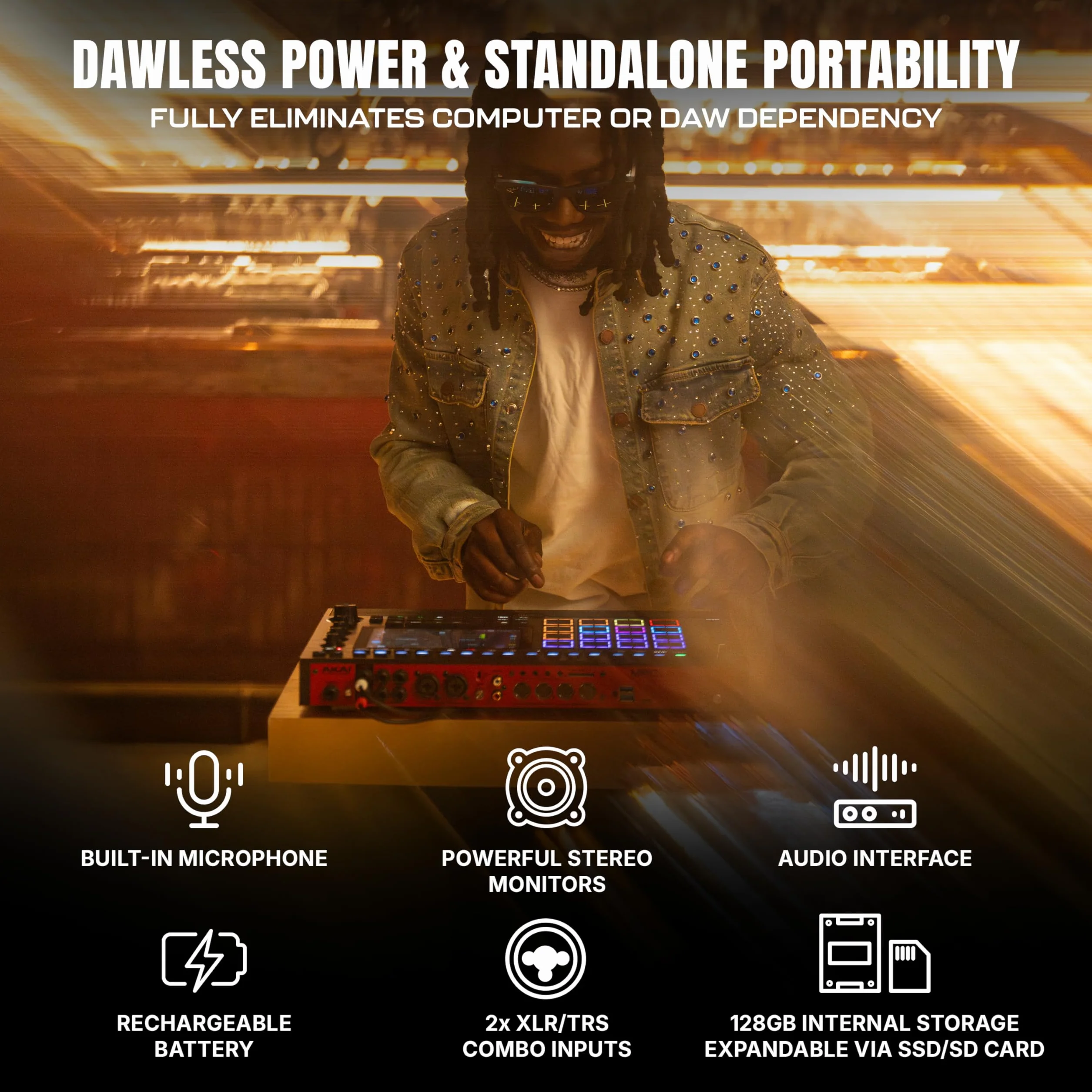 Akai Professional MPC Live III Przenośne centrum produkcji muzycznej z padami MPCe, sekwencerem, ekranem dotykowym, mikrofonem, monitorami, interfejsem audio, Wi-Fi, Bluetooth, baterią, touchstripem