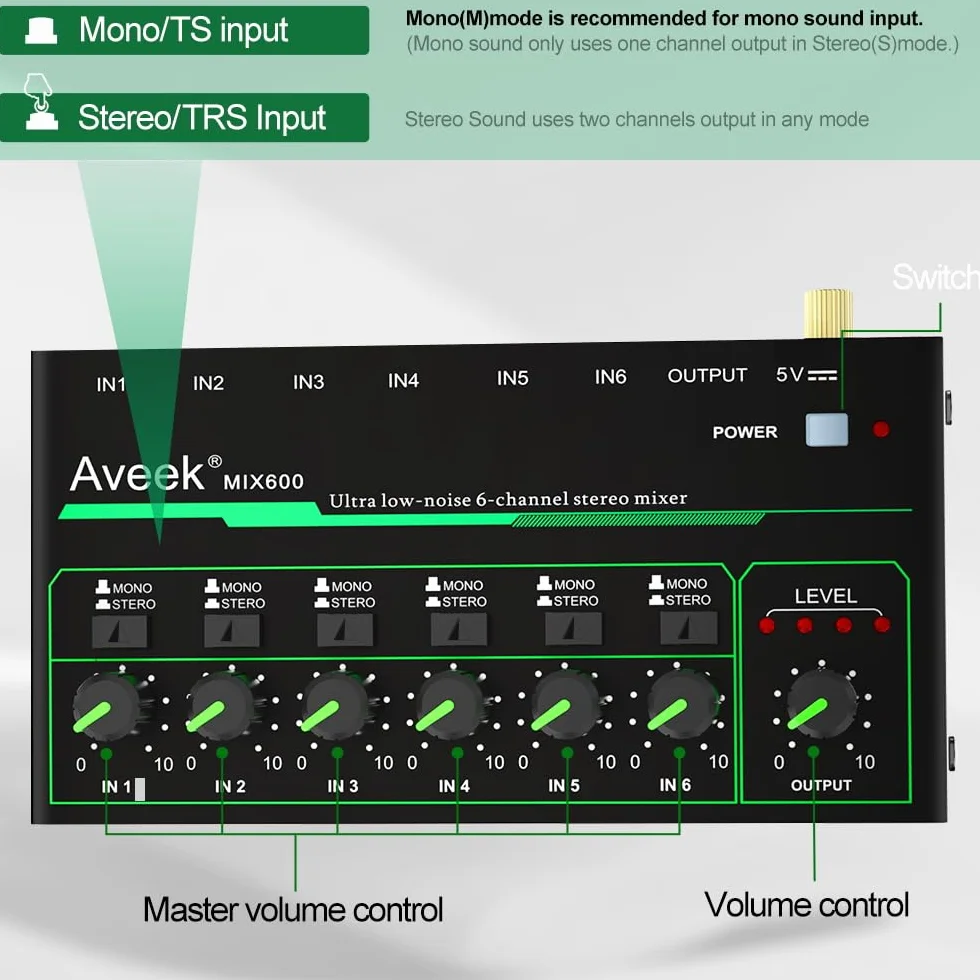 Aveek 6-kanałowy mikser – mini 6-kanałowy mikser audio stereo, niski poziom hałasu dla precyzyjnego podmieszania, wejście/wyjście TRS 1/4 cala, idealny do mikrofonów, gitar, basów, scen