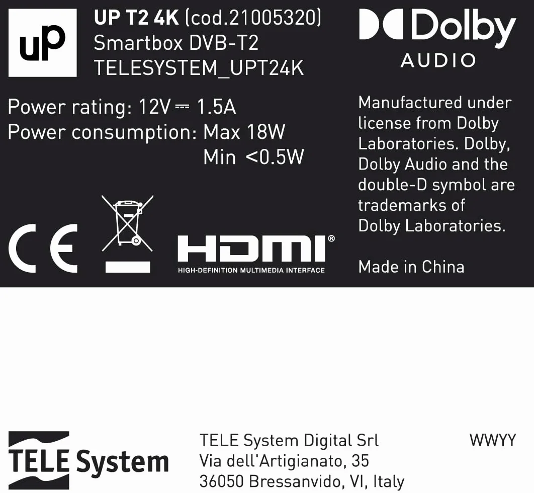 TELE System UP T2 4K: Cyfrowy dekoder naziemny ULTRA HD Android TV, aktualizacja Smart TV, tuner DVB-T2 HEVC HDR10+HLG, w zestawie adapter HDMI/SCART - certyfikat Google