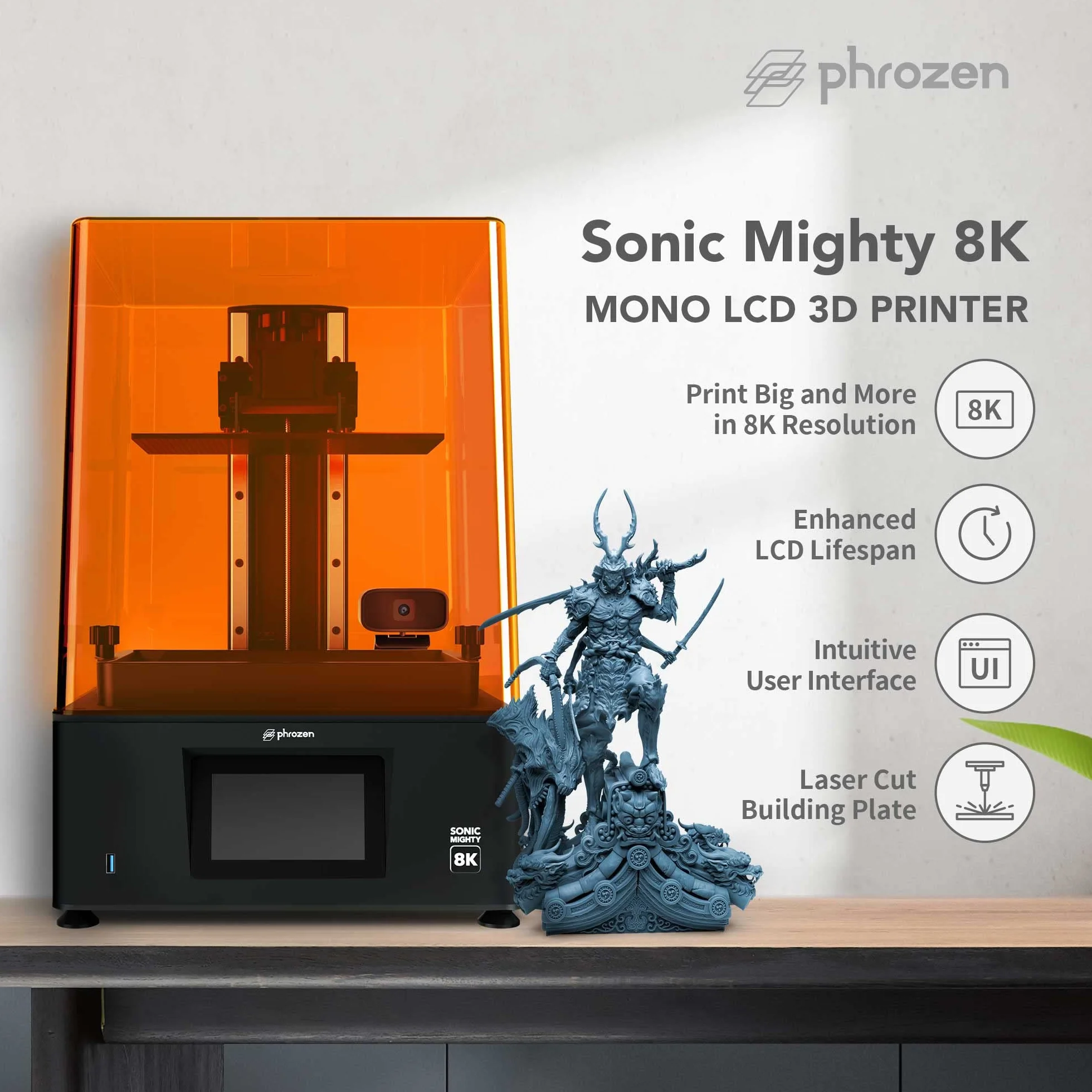 Phrozen Sonic Mighty 8K Drukarka 3D z żywicy | Wysoka dokładność monochromatyczny 8K 10-calowy ekran LCD | 405 nm UV fotopolimeryzacja żywicy | Duży rozmiar druku 218x123x235 mm