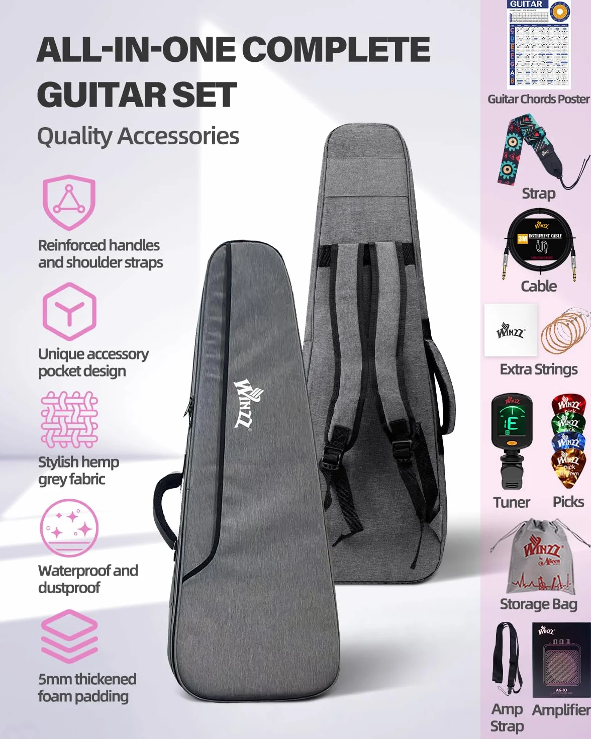 Winzz Zestaw gitarowy dla dzieci 30-calowy, mini gitara elektryczna juniorska (rozmiar 1/4) dla dzieci, kompletny zestaw dla początkujących z wzmacniaczem, połyskujący kolor czerwony