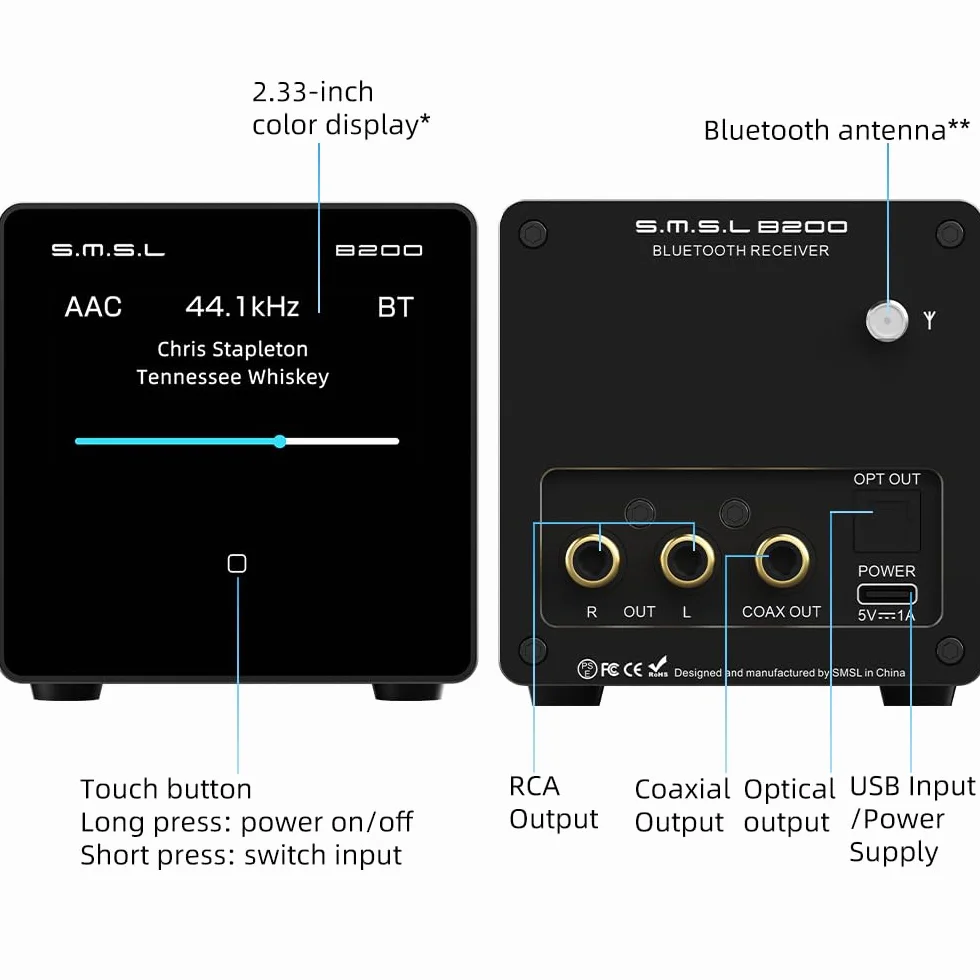 S.M.S.L B200 Hi-Res Digital Audio DAC Bluetooth 5.1/Wejście USB Audiofil Odbiornik audio Bluetooth i wzmacniacz DAC Tytuł/Wyświetlacz artysty Ekran 5.9 cm Hi-Fi Audio Stereo Odbiornik