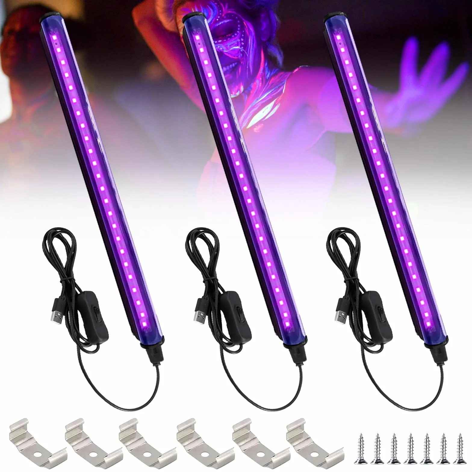 Rurka z czarnym światłem, 3 sztuki lamp LED 5 W, 24 LED 28 cm, taśma UV z przełącznikiem, USB LED, oświetlenie imprezowe, oświetlenie sceniczne, malowanie ciała, akcesoria