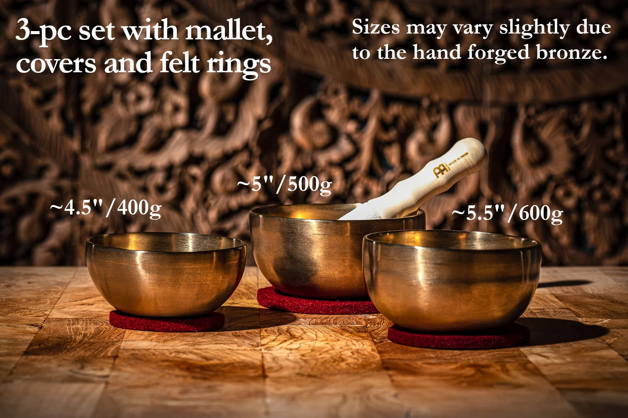 Sonic Energy Universal Singing Bowls – 3-częściowy zestaw mis dźwiękowych do medytacji – w zestawie: 3 miski, 1 pałeczka, materiałowe osłony, filcowe pierścienie (SB-U-1500)