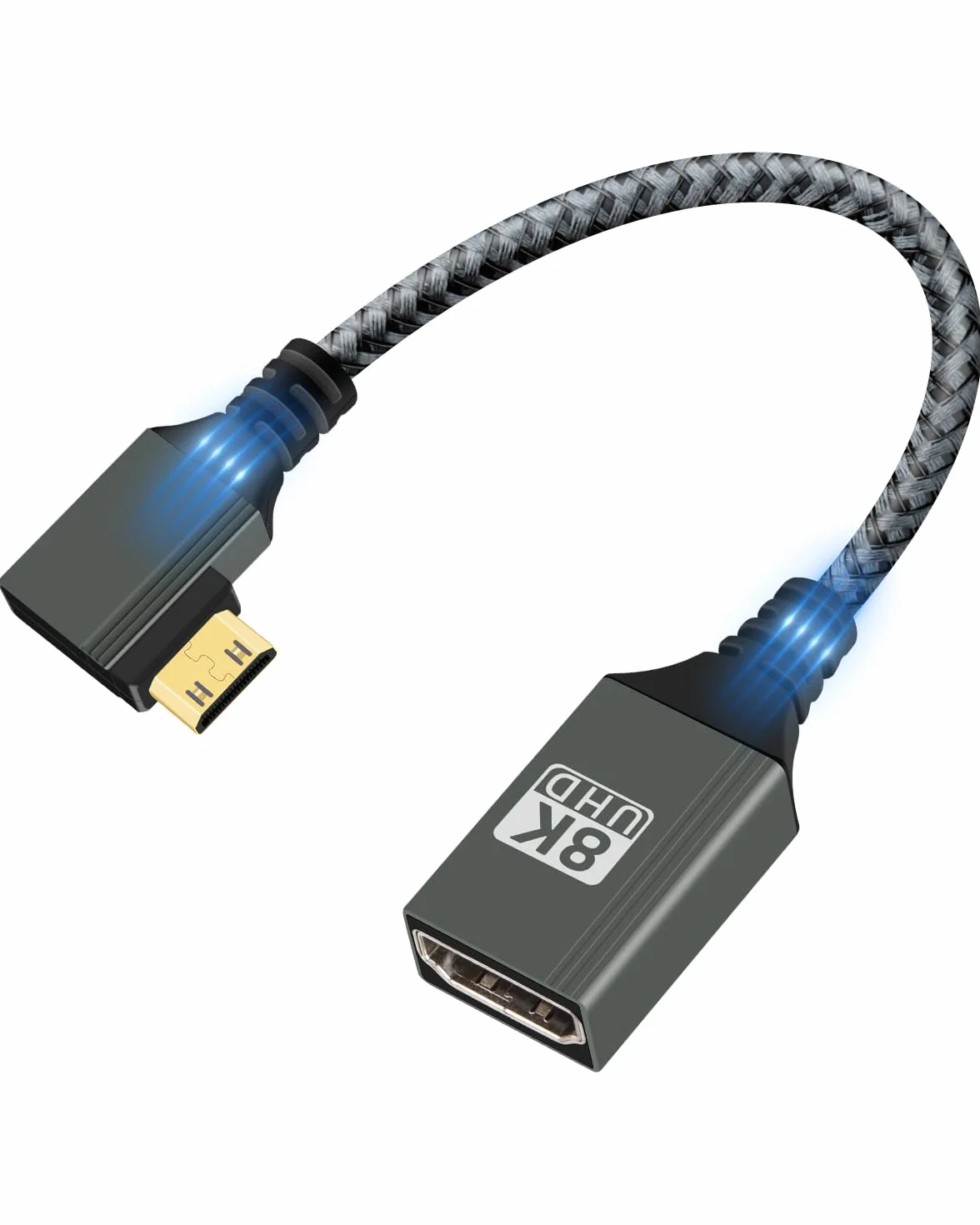 GELRHONR Adapter 8K Mini HDTV na HDTV 2.1, 8K przy 120 Hz 4K przy 60 Hz męski na żeński nylonowy pleciony krótki kabel adaptera do aparatu, Ras//Raspberry Pi, laptopa, telewizora, monitora, 15 cm (kąt