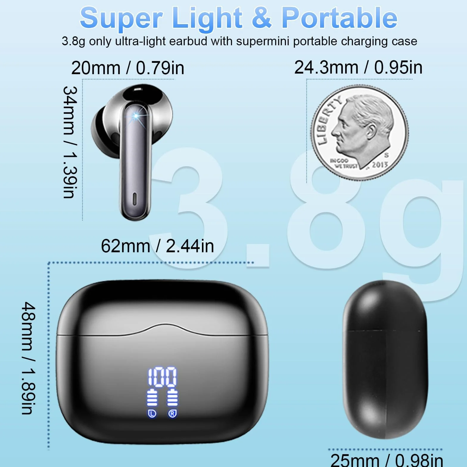 Bezprzewodowe słuchawki douszne, słuchawki bezprzewodowe bluetooth 5.4 z mikrofonami z redukcją szumów ENC, 40 H z głębszym basem, wodoodporne słuchawki IP7 z wyświetlaczem LED, Czarny