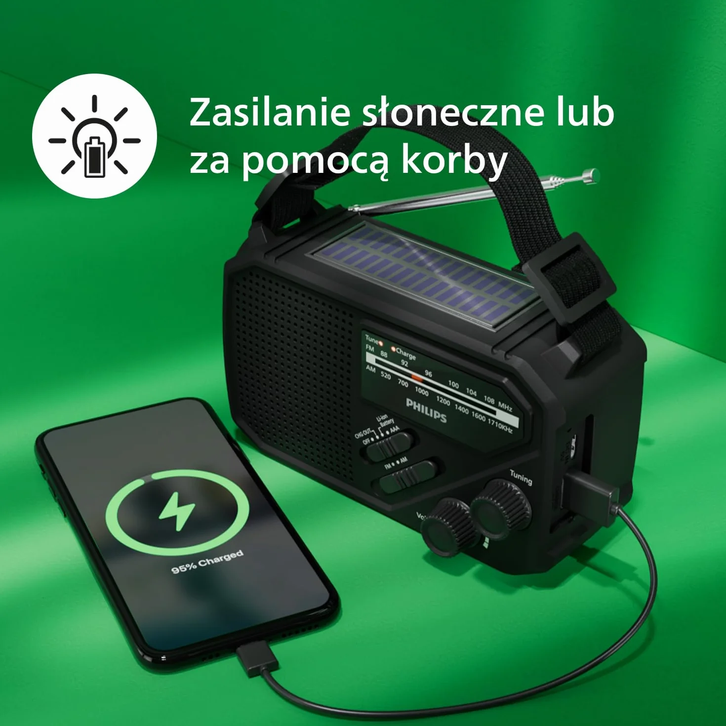 Philips TAR1609 – przenośne radio FM/AM z akumulatorem, komorą na baterie AAA i korbą, zasilaniem z paneli słonecznych, lampką LED i latarką, przydatne na biwaku, w czasie wędrówek i awarii energii